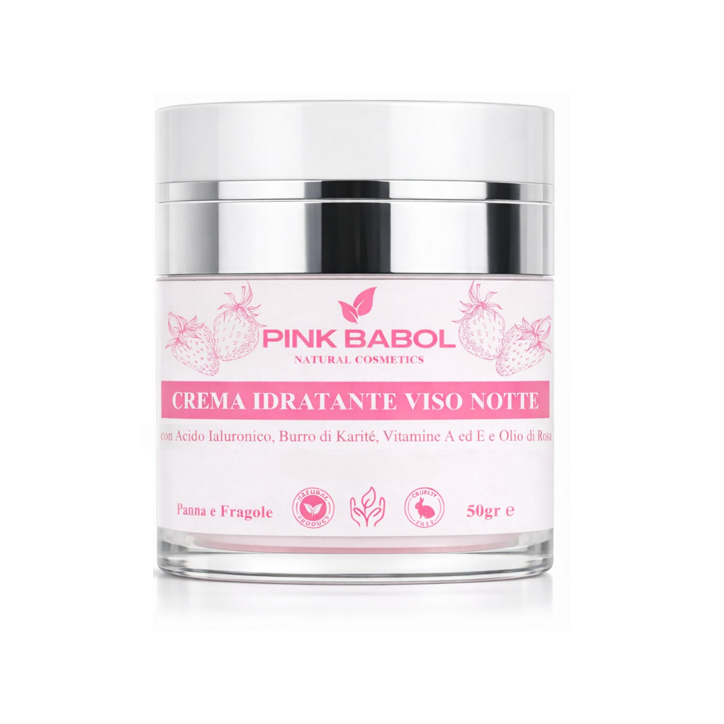 Crema Viso Notte con Acido Ialuronico, Burro di Karité, Vitamine A ed E e Olio di Rosa Selvatica – Rigenerante, Nutriente e Illuminante, Antiage Naturale-Pink Babol