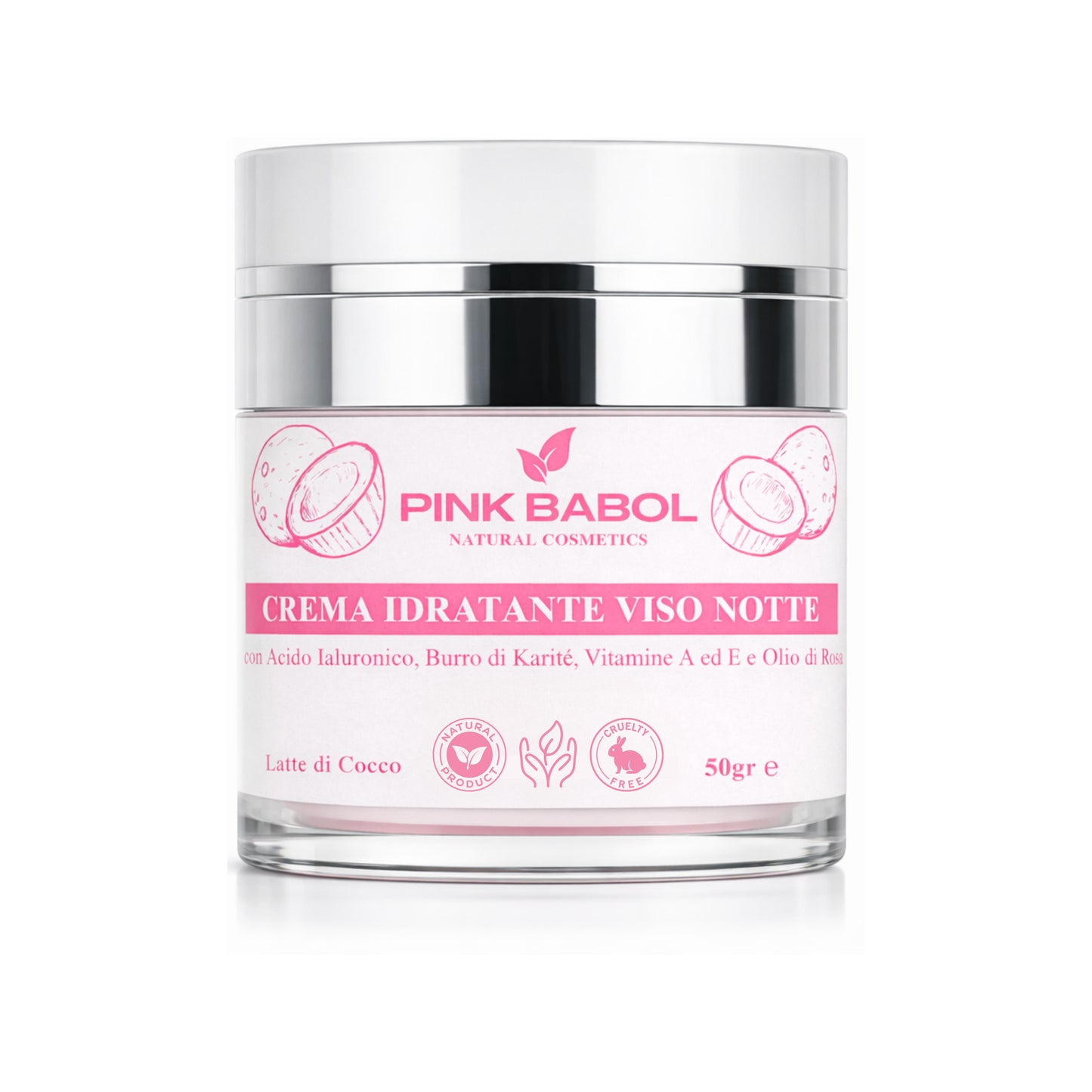 Crema Viso Notte con Acido Ialuronico, Burro di Karité, Vitamine A ed E e Olio di Rosa Selvatica – Rigenerante, Nutriente e Illuminante, Antiage Naturale-Pink Babol