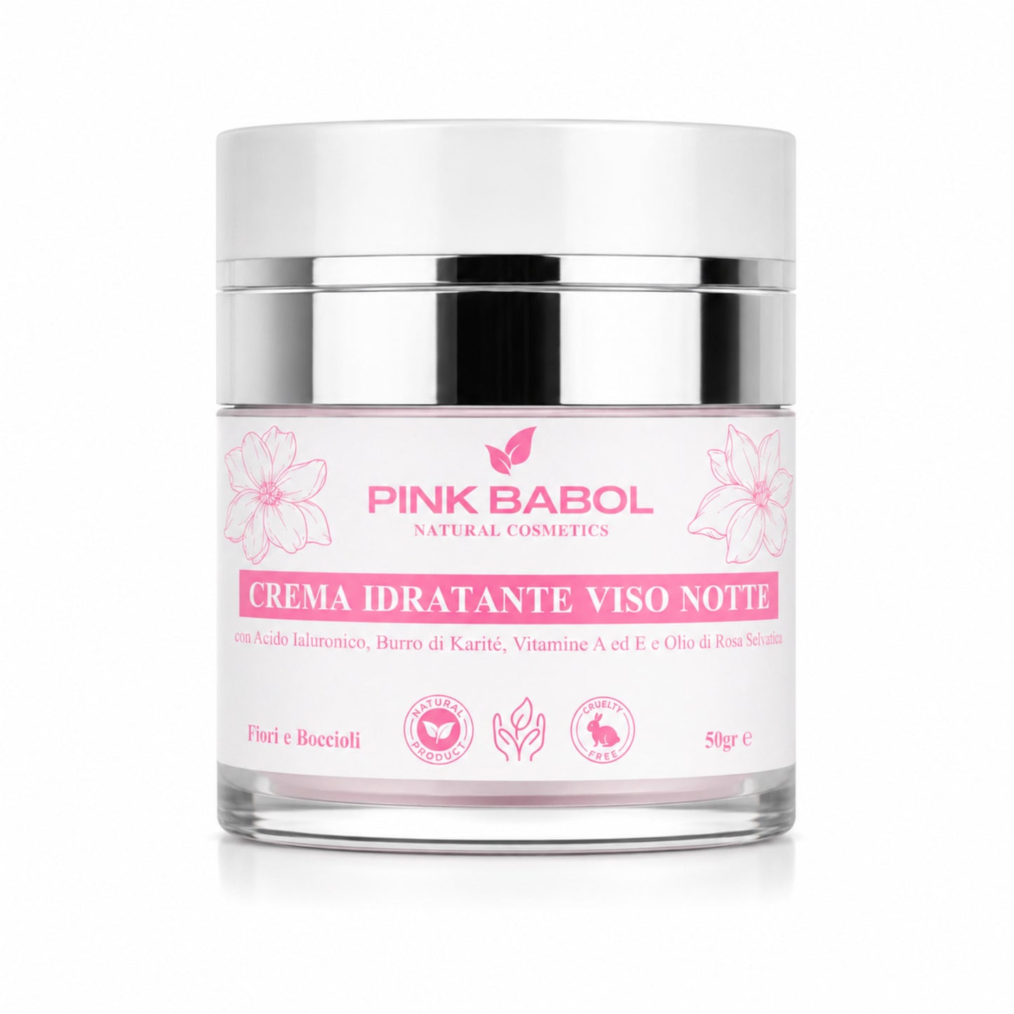 Crema Viso Notte con Acido Ialuronico, Burro di Karité, Vitamine A ed E e Olio di Rosa Selvatica – Rigenerante, Nutriente e Illuminante, Antiage Naturale-Pink Babol