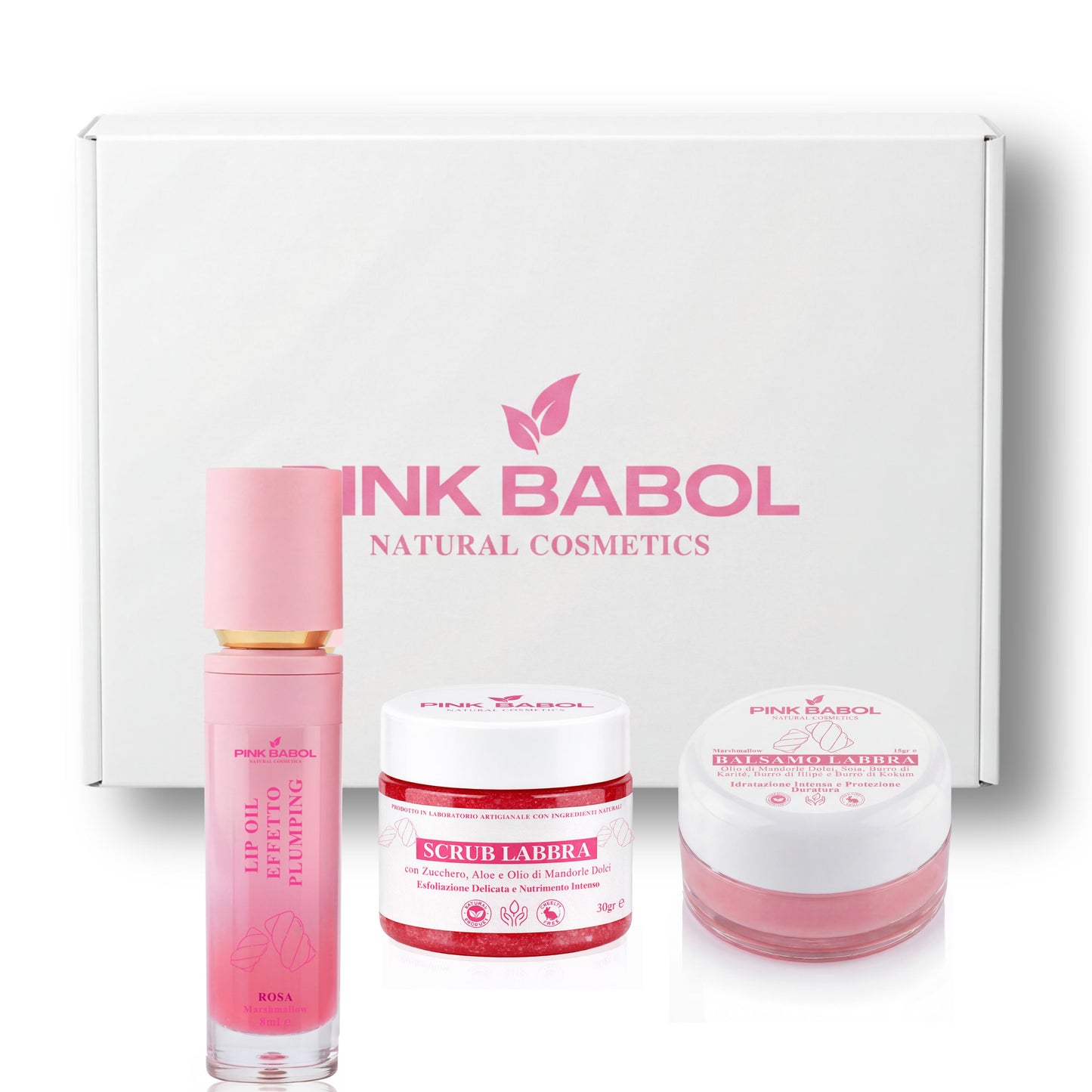 Lip Kit per Labbra perfette con Lip Oil Plumping + Scrub Labbra + Balsamo Labbra con Olio di Mandorle Dolci-Pink Babol