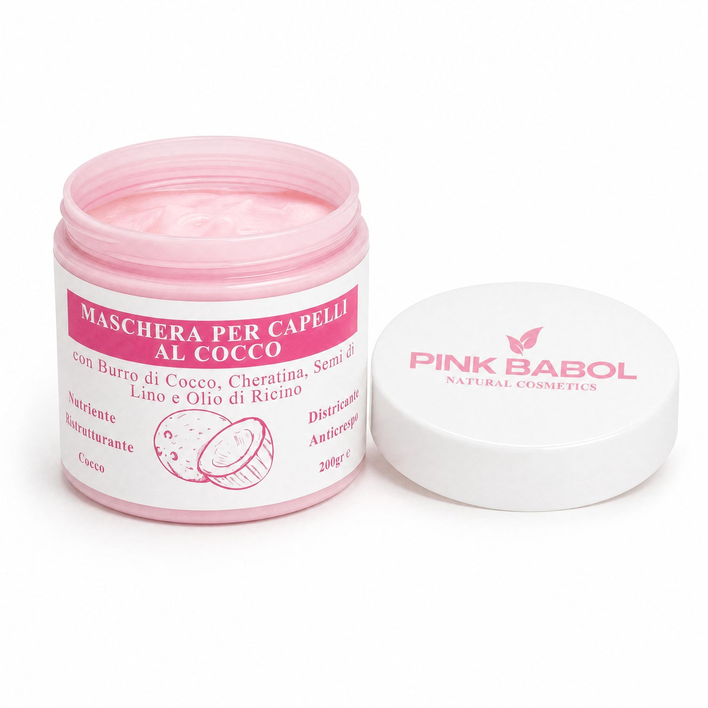 Maschera Capelli al Cocco con Burro di Cocco, Cheratina, Semi di Lino e Olio di Ricino - Nutriente, Ristrutturante, Districante e Anticrespo (Copia)-Pink Babol