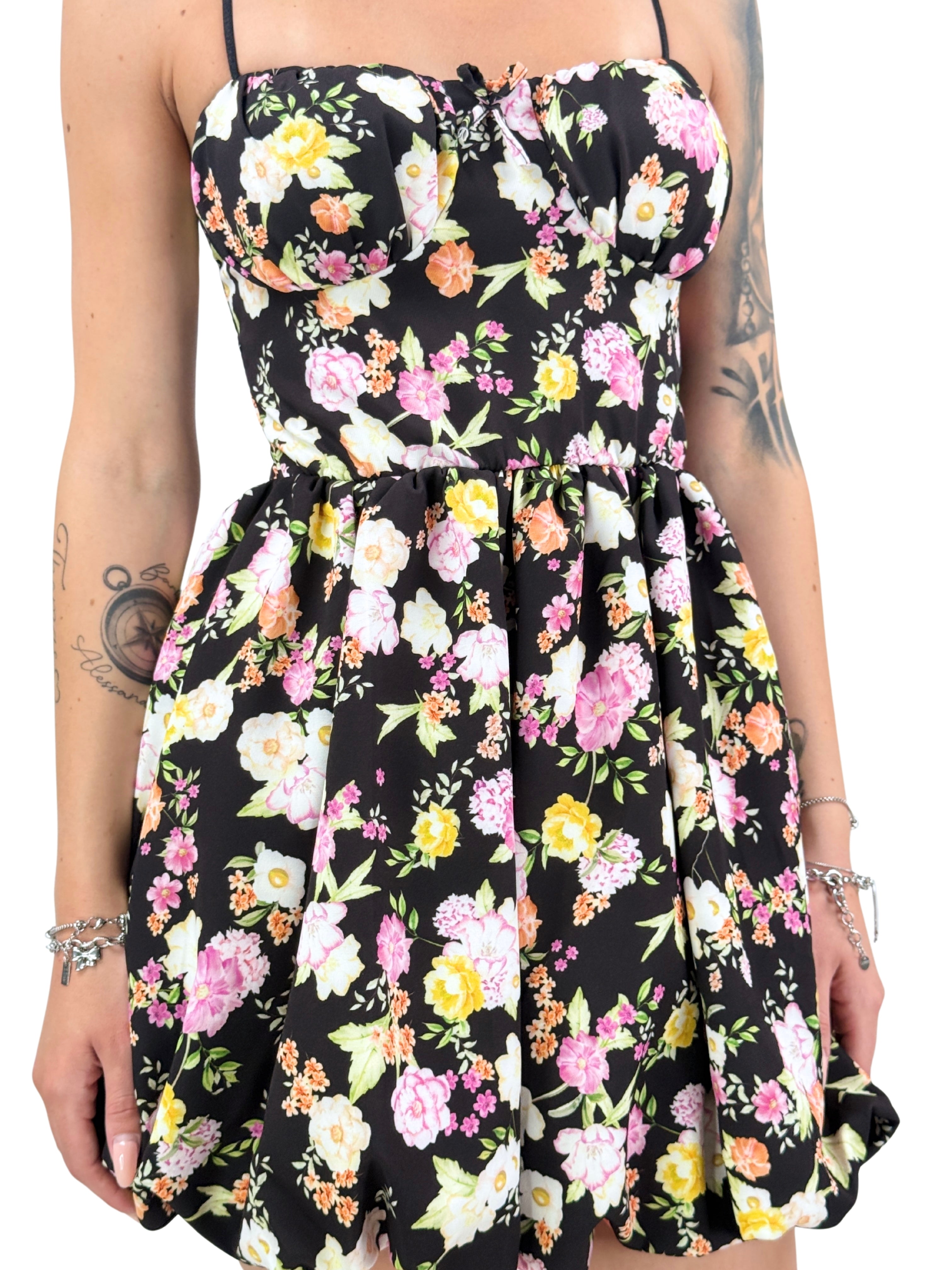 Abito fiorato con coppe e bretelle regolabili-Pink Babol