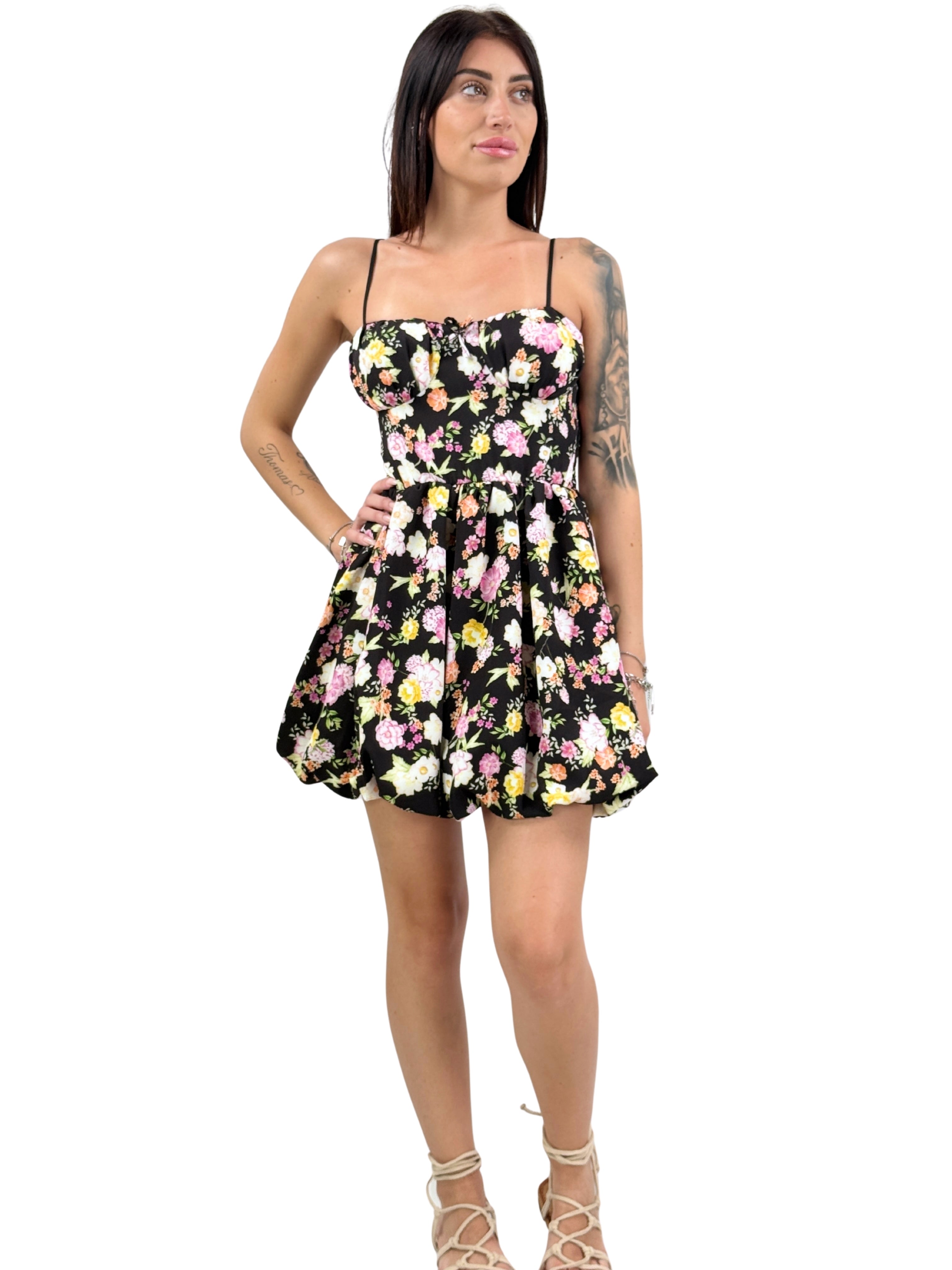 Abito fiorato con coppe e bretelle regolabili-Pink Babol