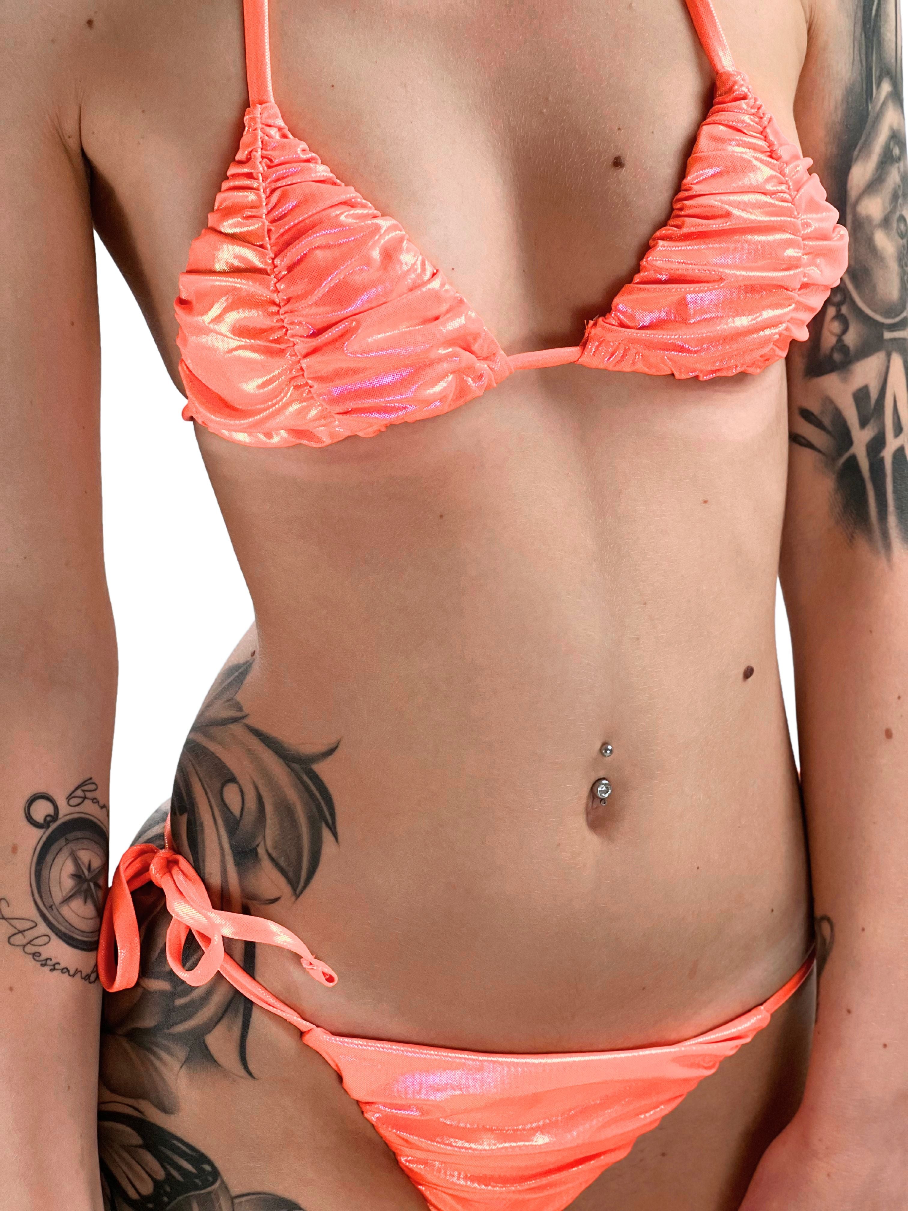 Bikini in lurex brasiliana trinagolo con imbottitura-Pink Babol