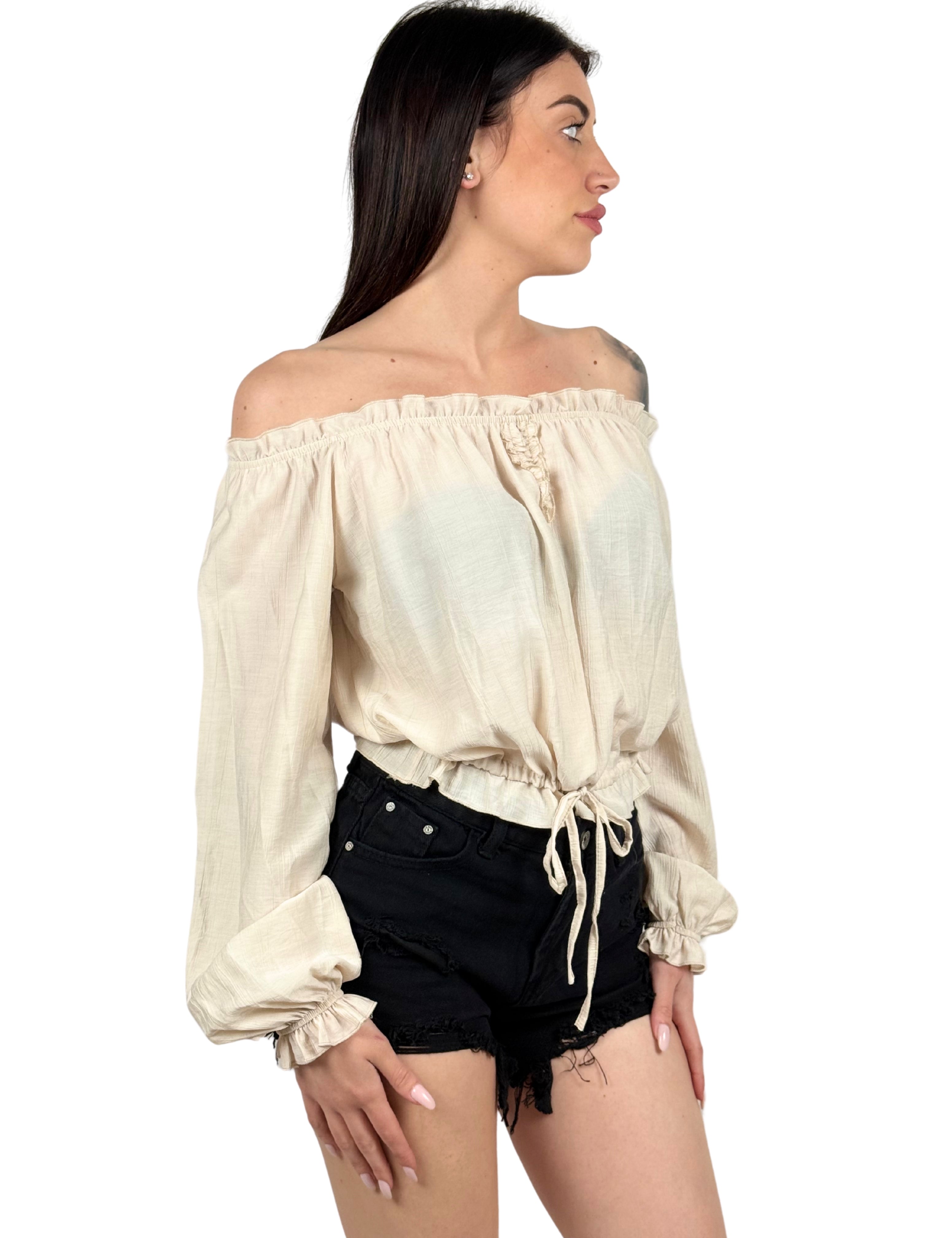 Blusa scollo a barchetta regolabile in vita-Pink Babol