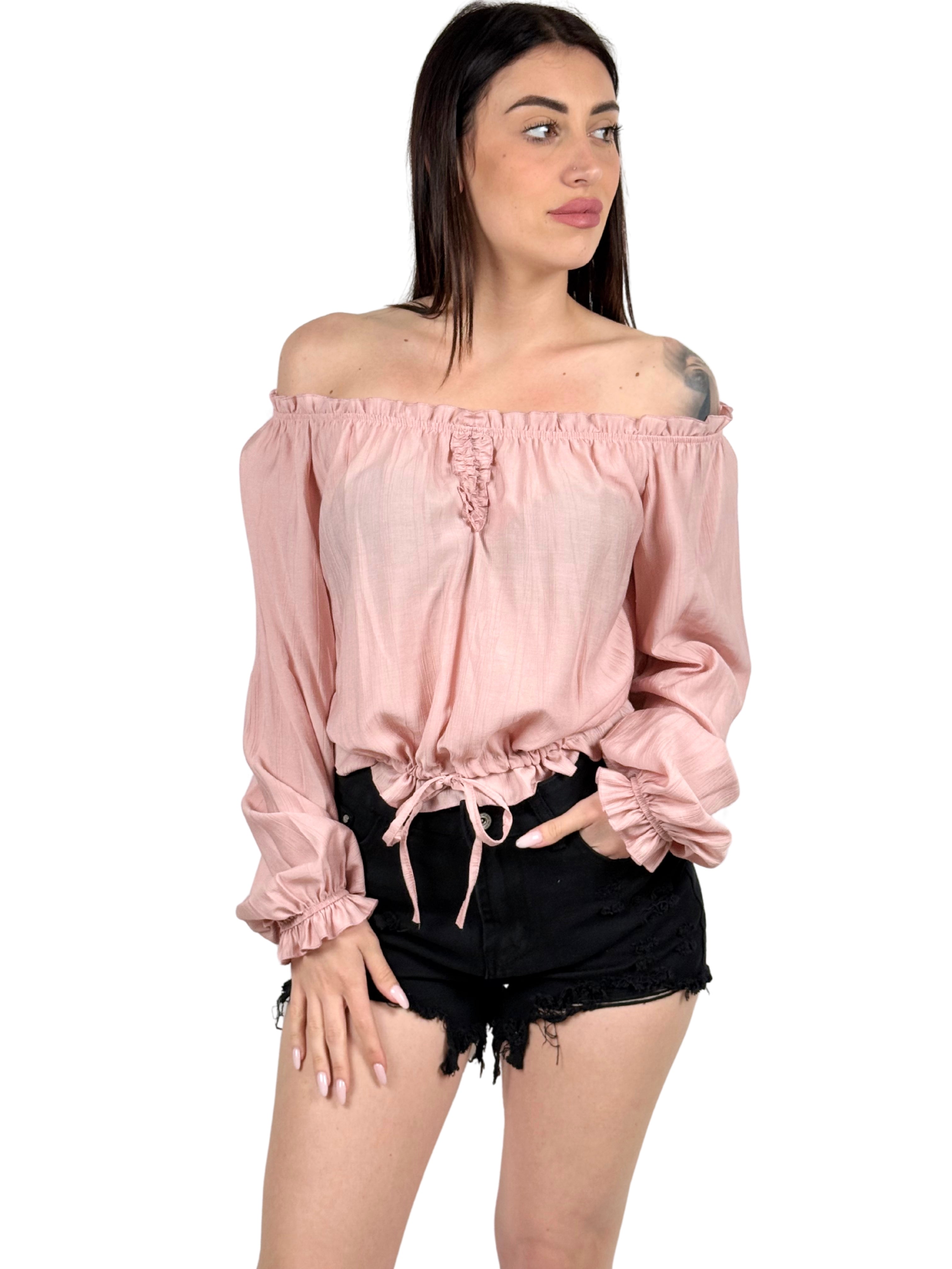 Blusa scollo a barchetta regolabile in vita-Pink Babol