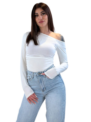 Body arricciato spalla scoperta in microfibra-Pink Babol
