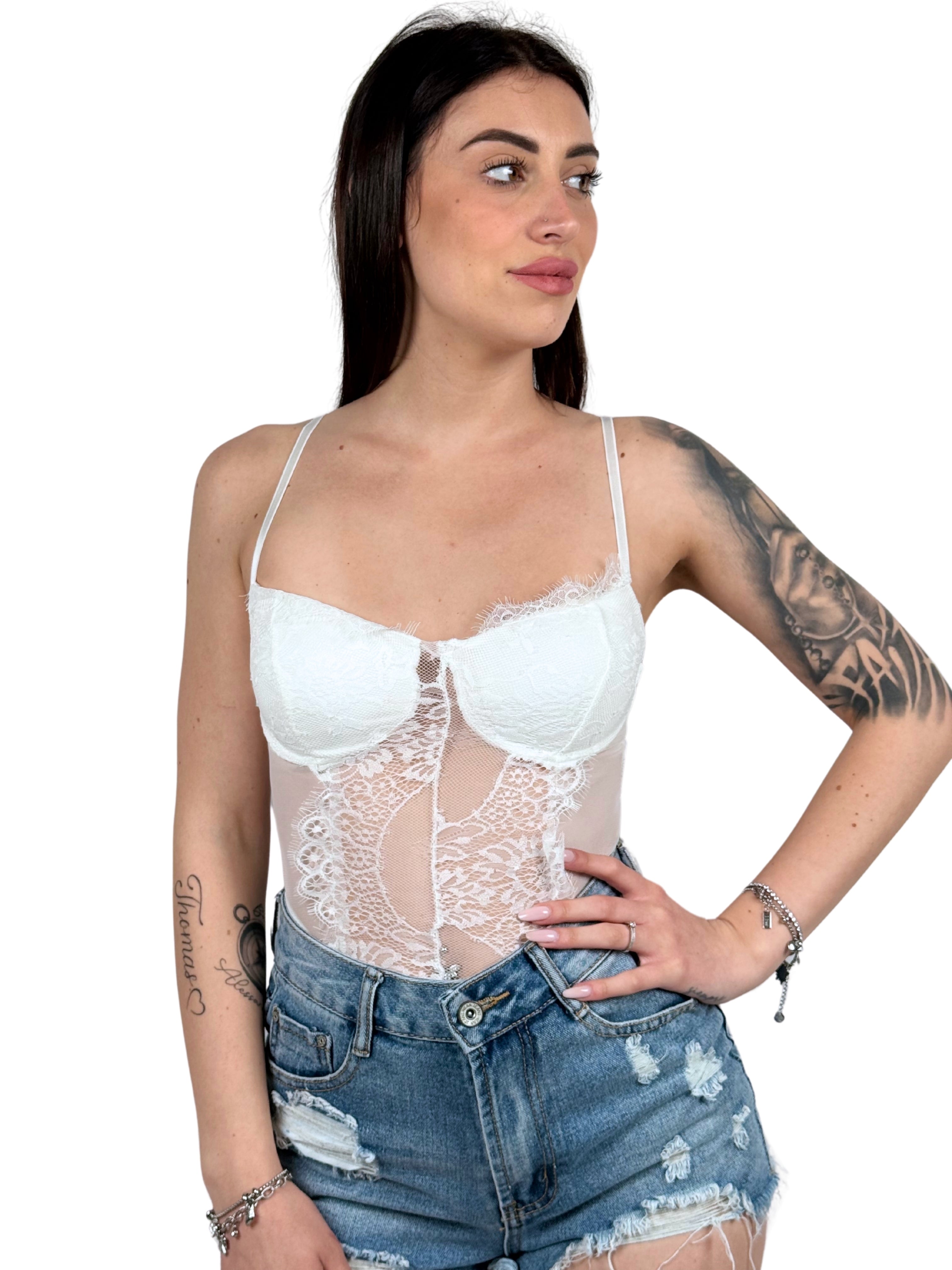 Body con coppe in tulle e pizzo-Pink Babol