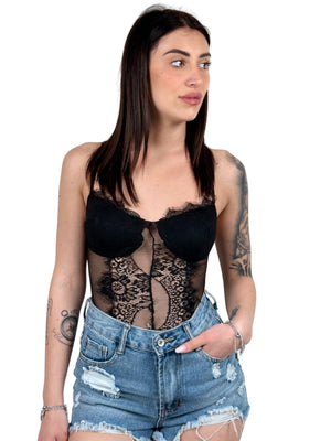 Body con coppe in tulle e pizzo-Pink Babol
