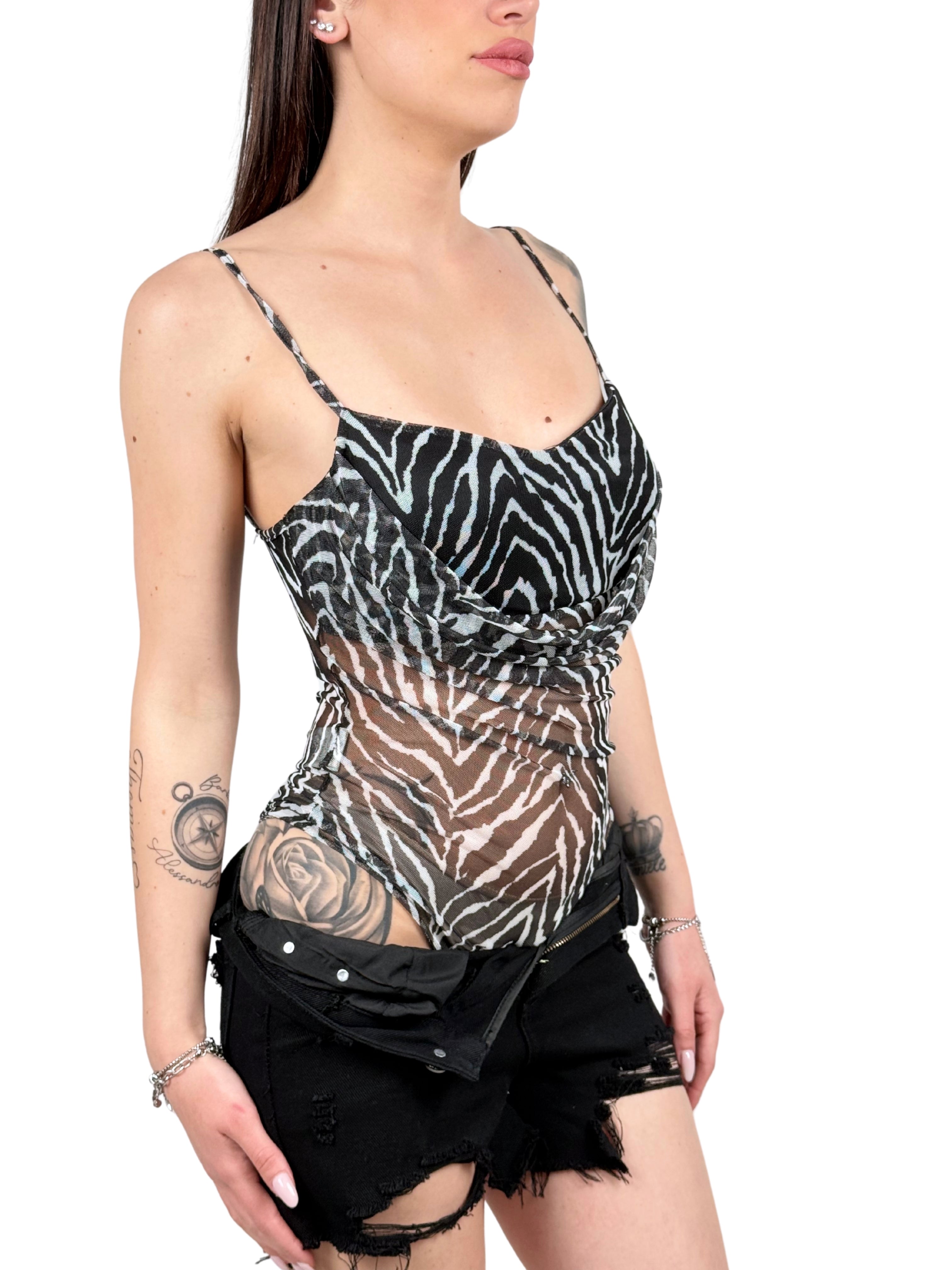 Body imbottito animalier in tulle-Pink Babol