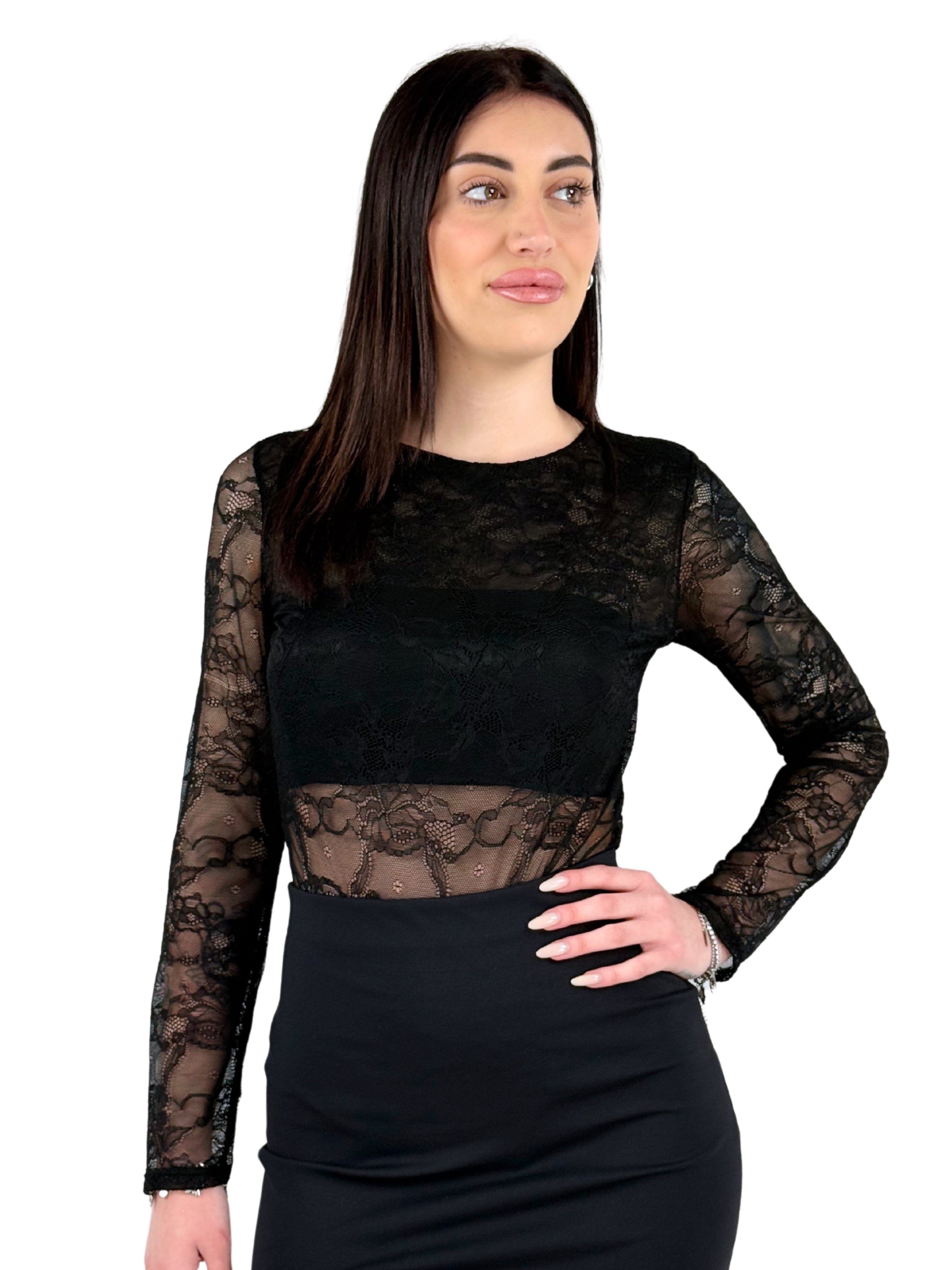 Body in pizzo manica lunga-Pink Babol