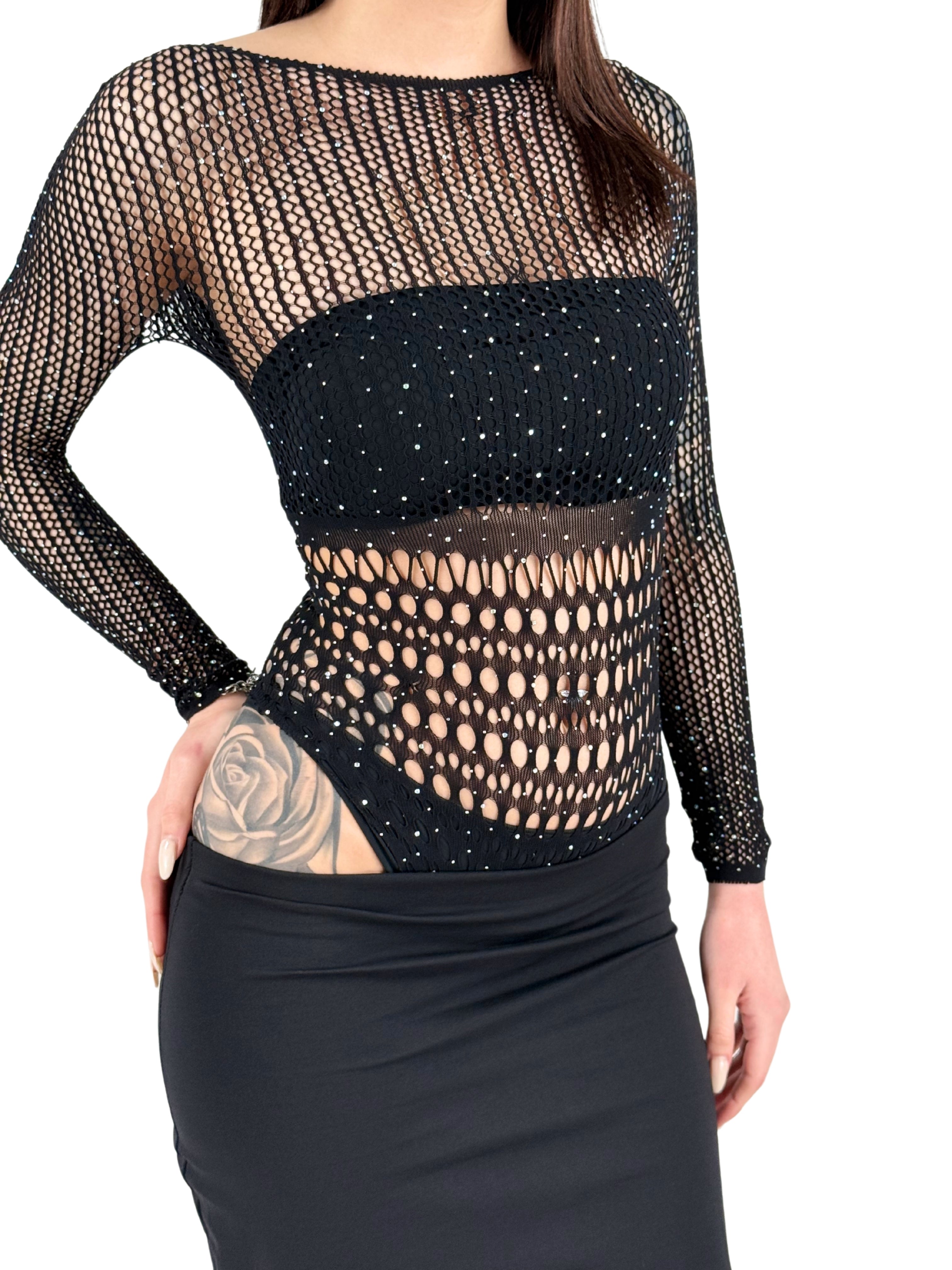 Body in rete con glitter e apertura sulla schiena-Pink Babol