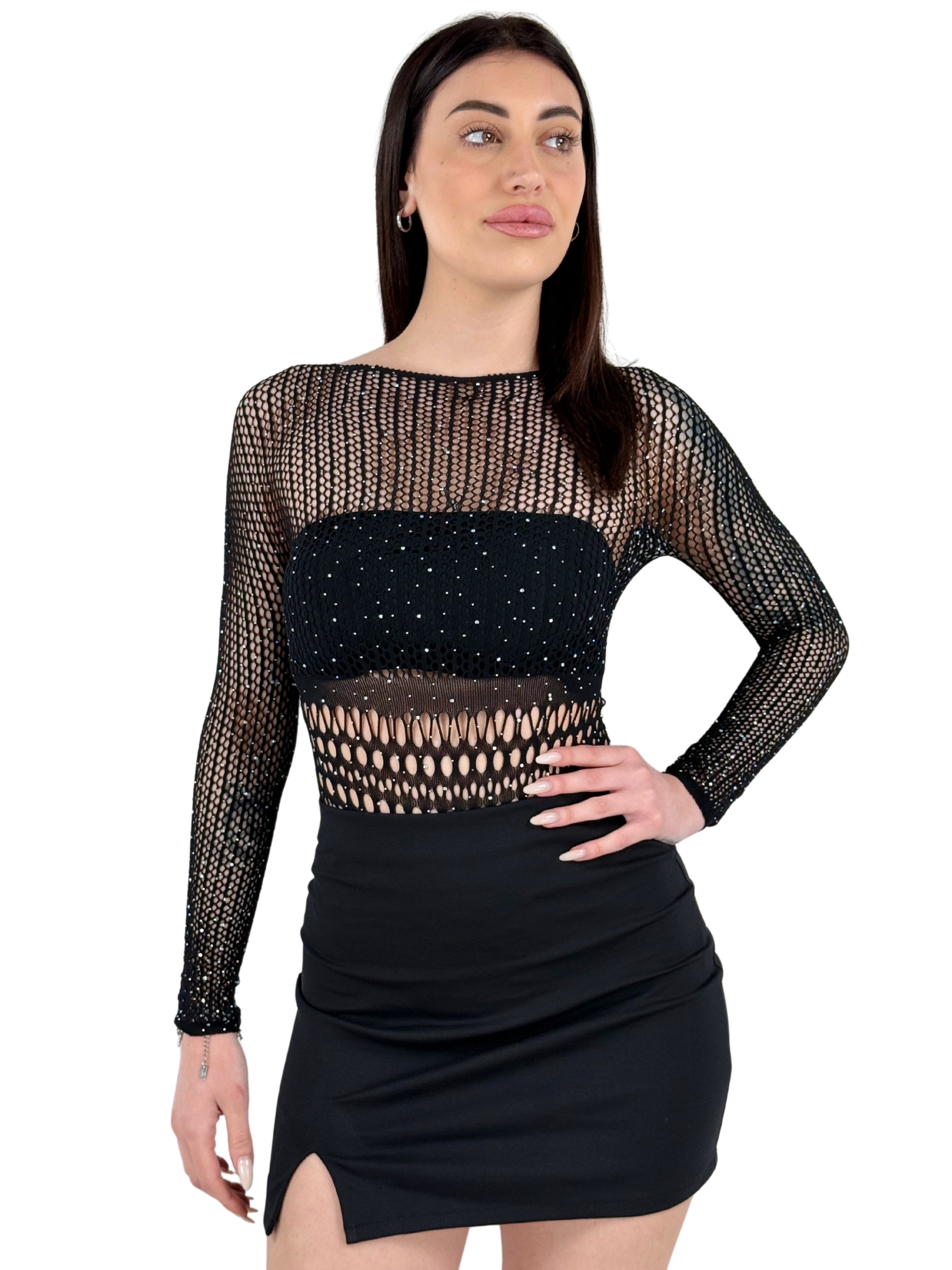 Body in rete con glitter e apertura sulla schiena-Pink Babol