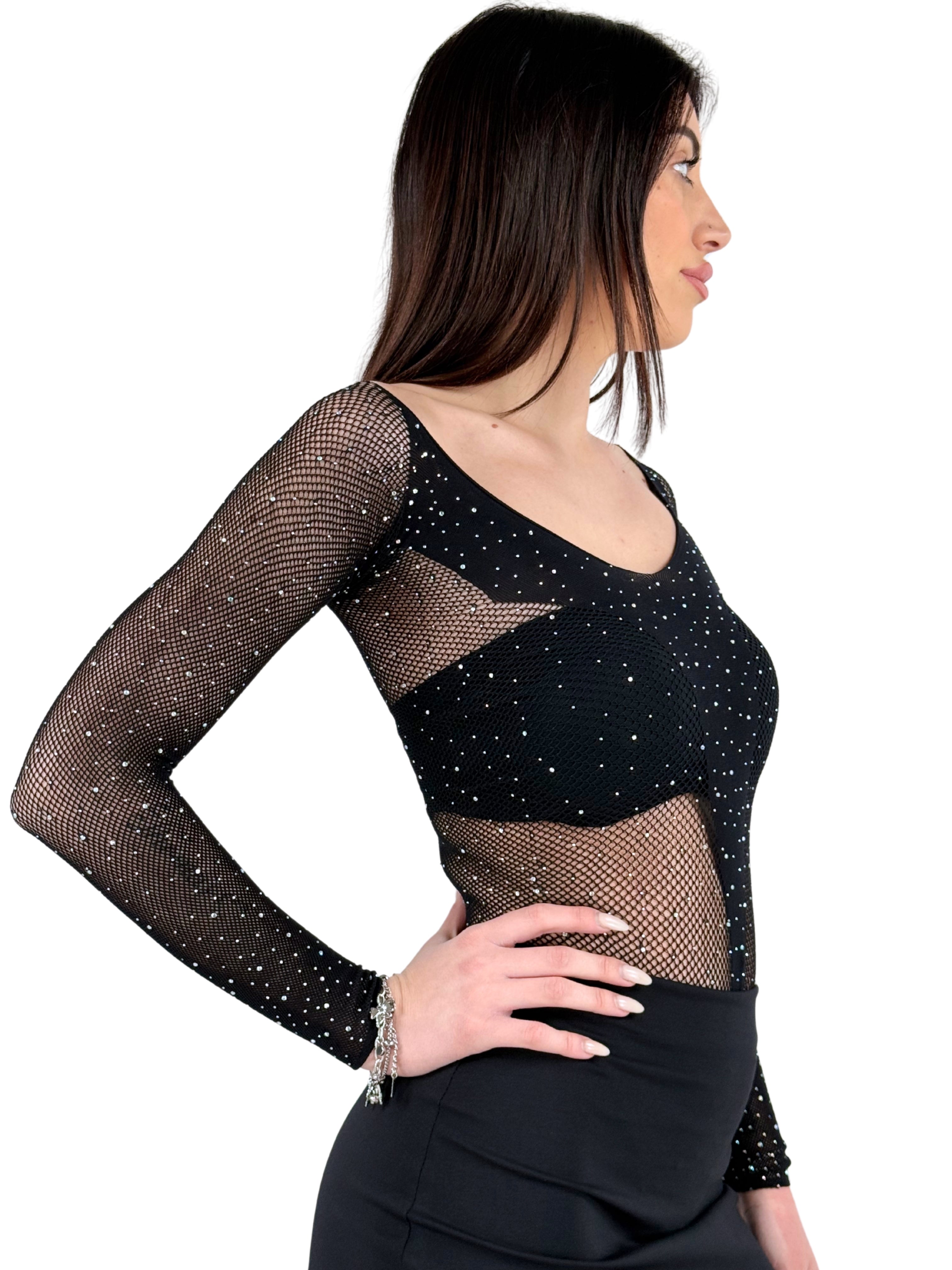 Body in rete trasparente con strass e maniche lunghe-Pink Babol