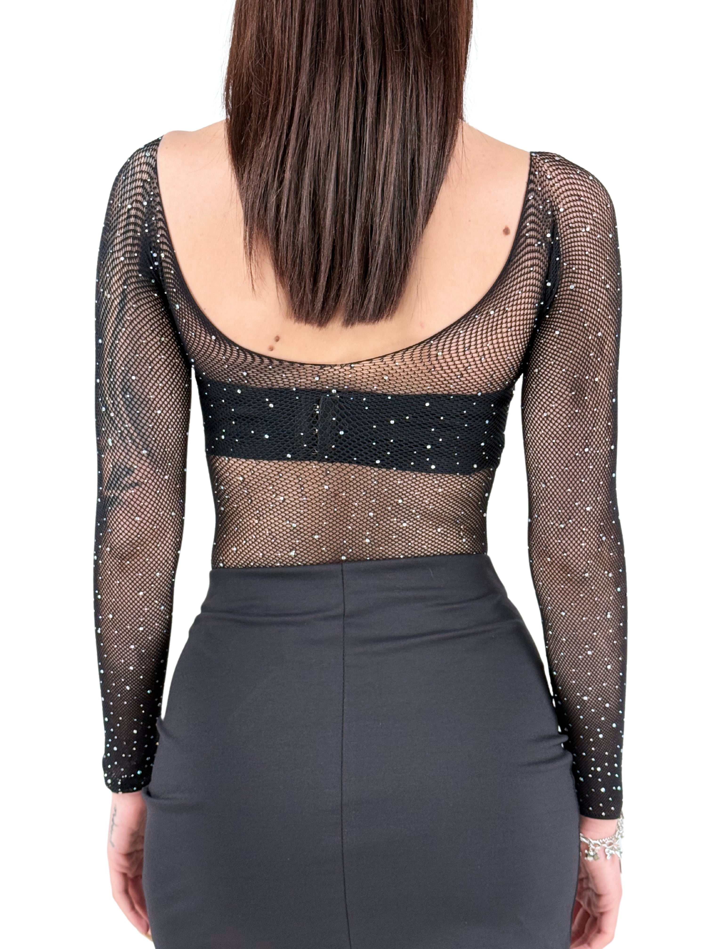 Body in rete trasparente con strass e maniche lunghe-Pink Babol