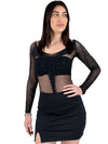 Body in rete trasparente con strass e maniche lunghe-Pink Babol