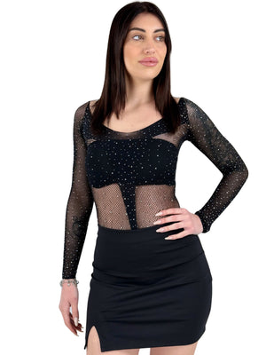 Body in rete trasparente con strass e maniche lunghe-Pink Babol