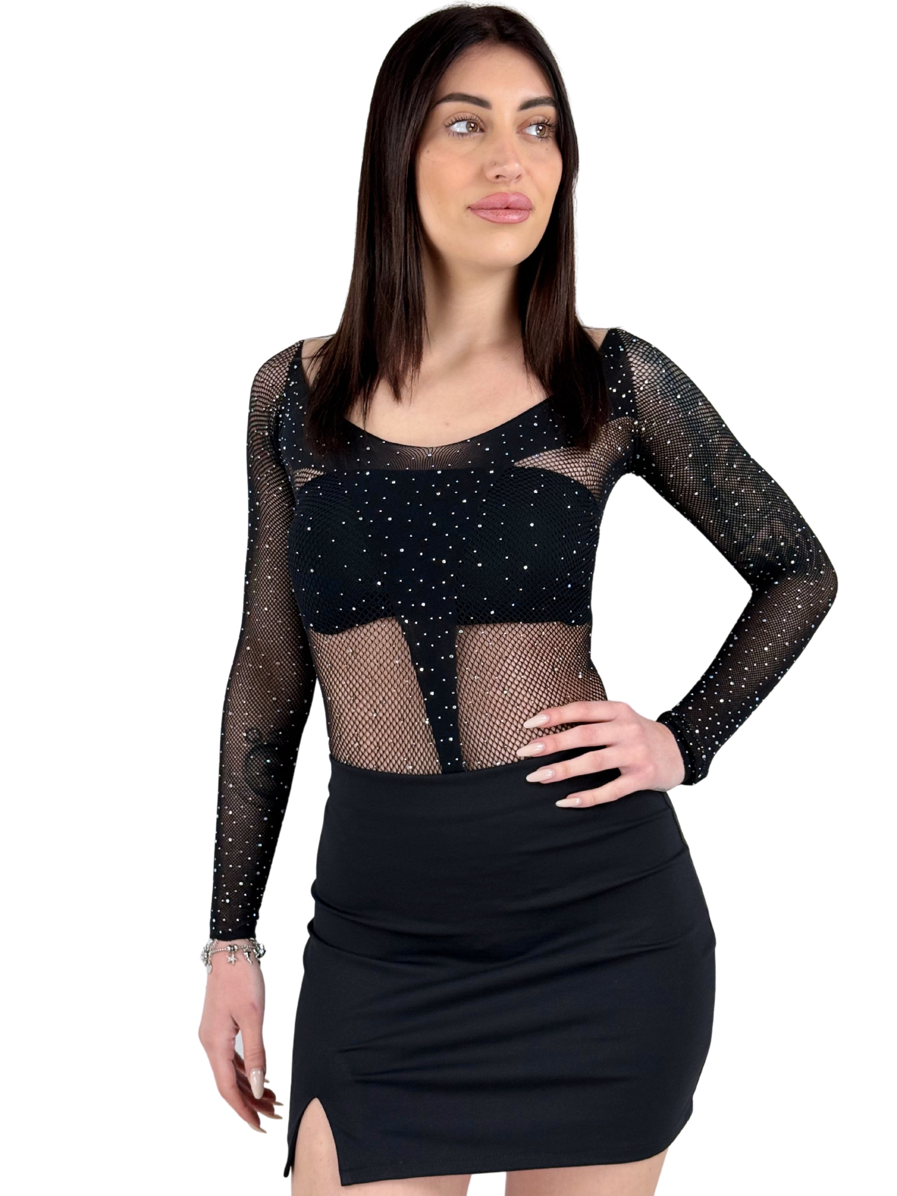 Body in rete trasparente con strass e maniche lunghe-Pink Babol