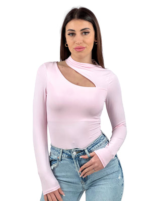 Body modellante manica lunga microfibra con scollatura-Pink Babol