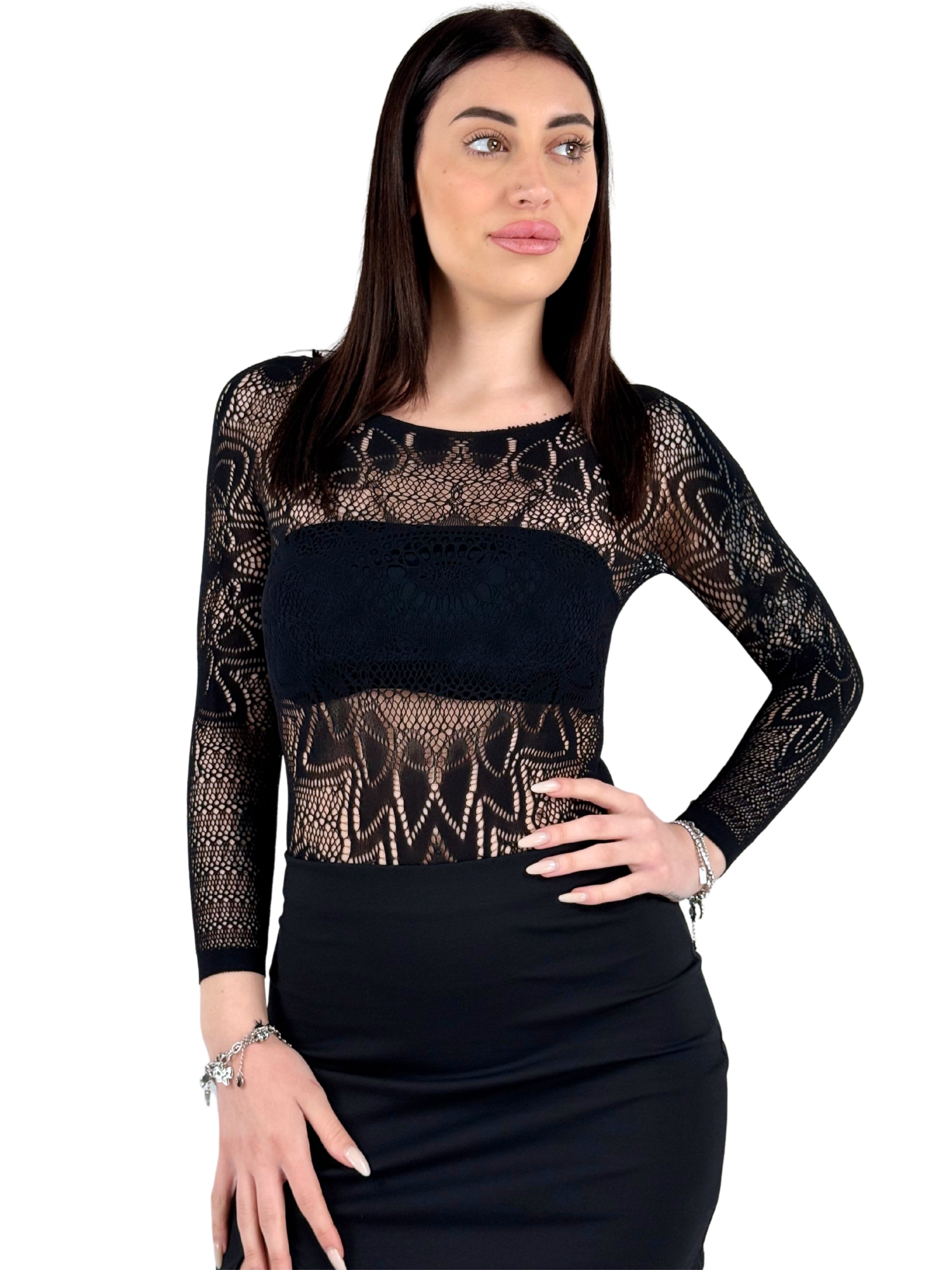 Body nero con dettagli in pizzo floreale e maniche lunghe-Pink Babol