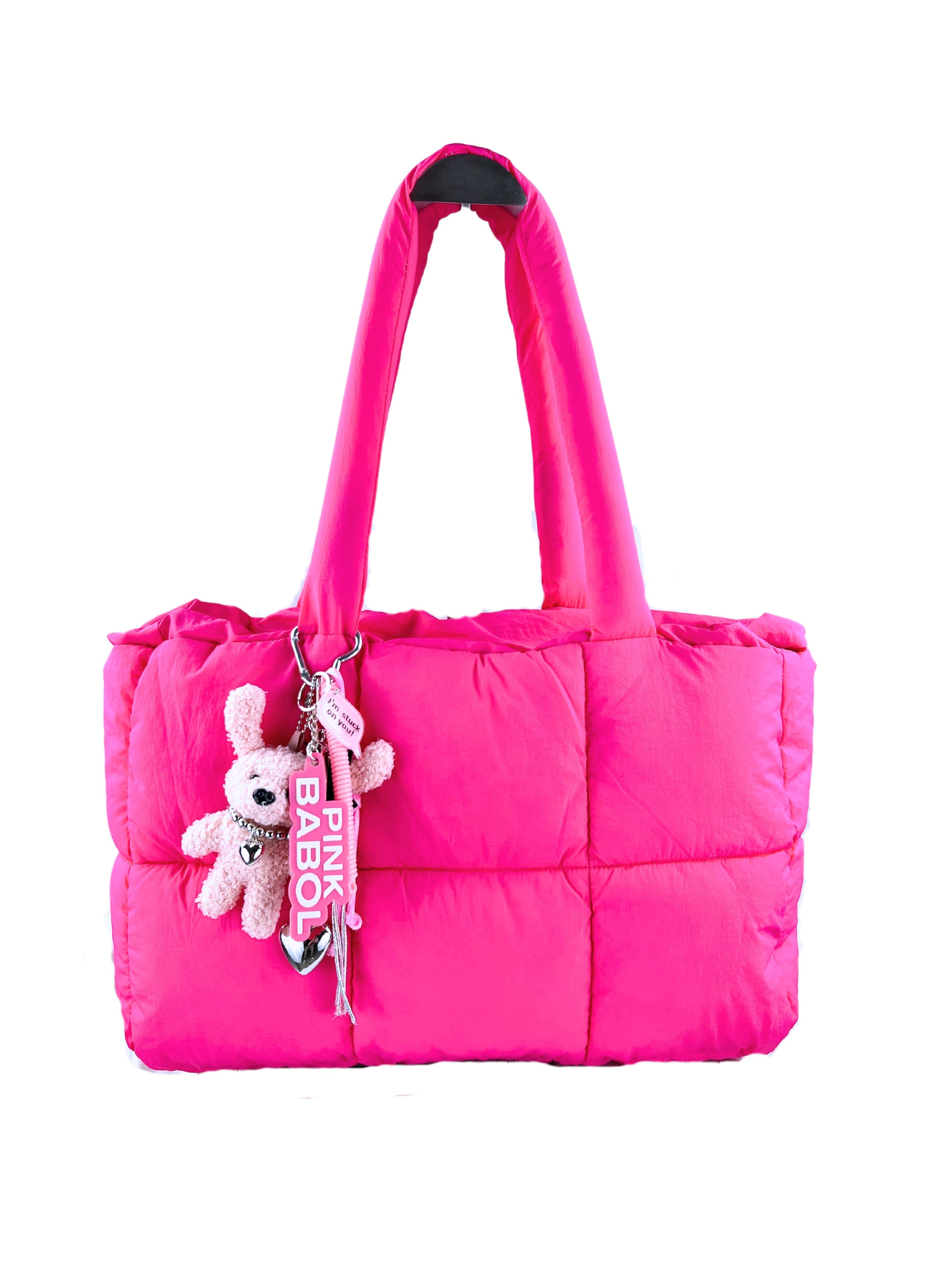 Borsa puffer con ciondoli e portachiavi-Pink Babol