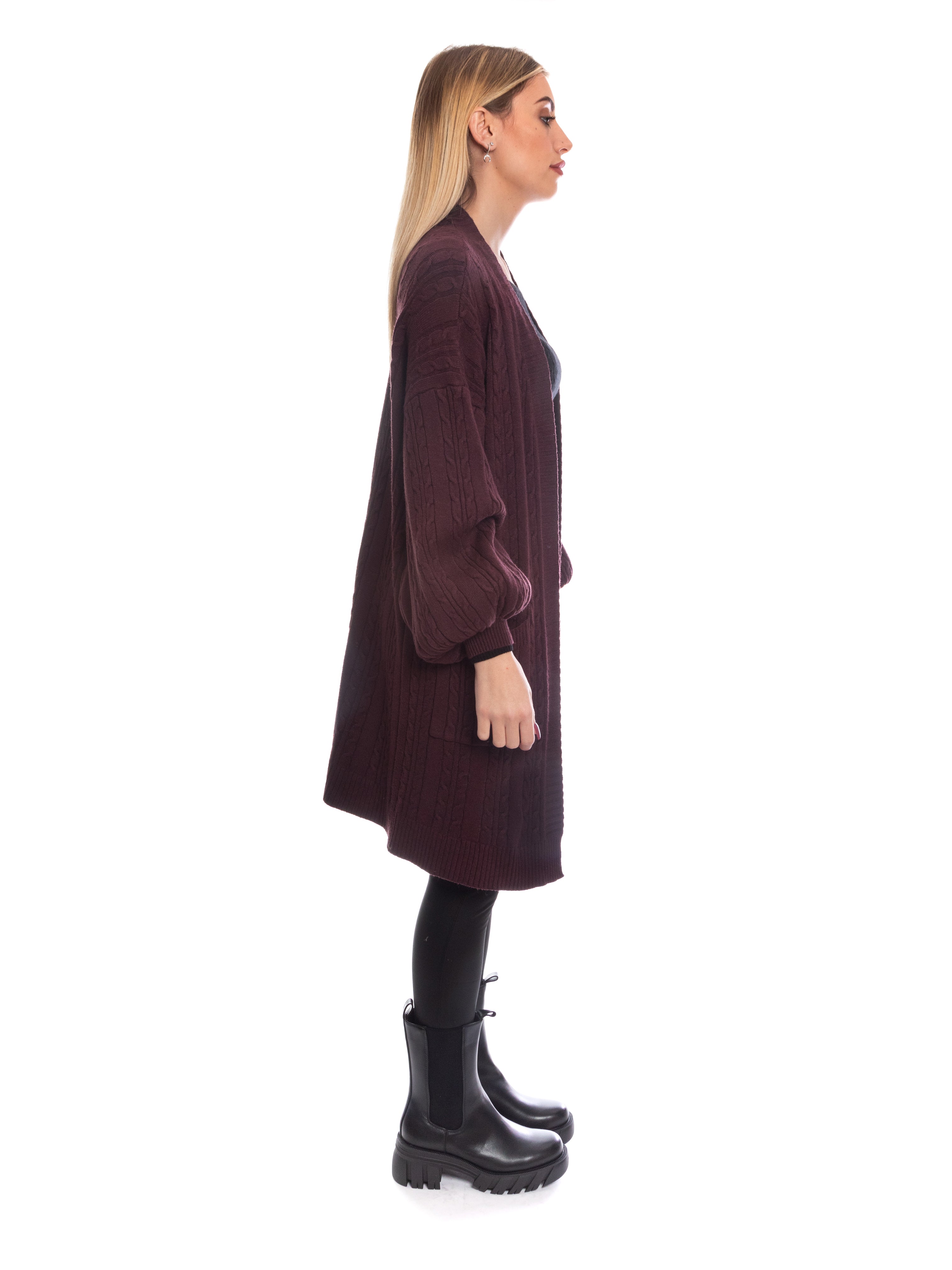 Cardigan trecce pesante con tasche maniche a palloncino-Pink Babol