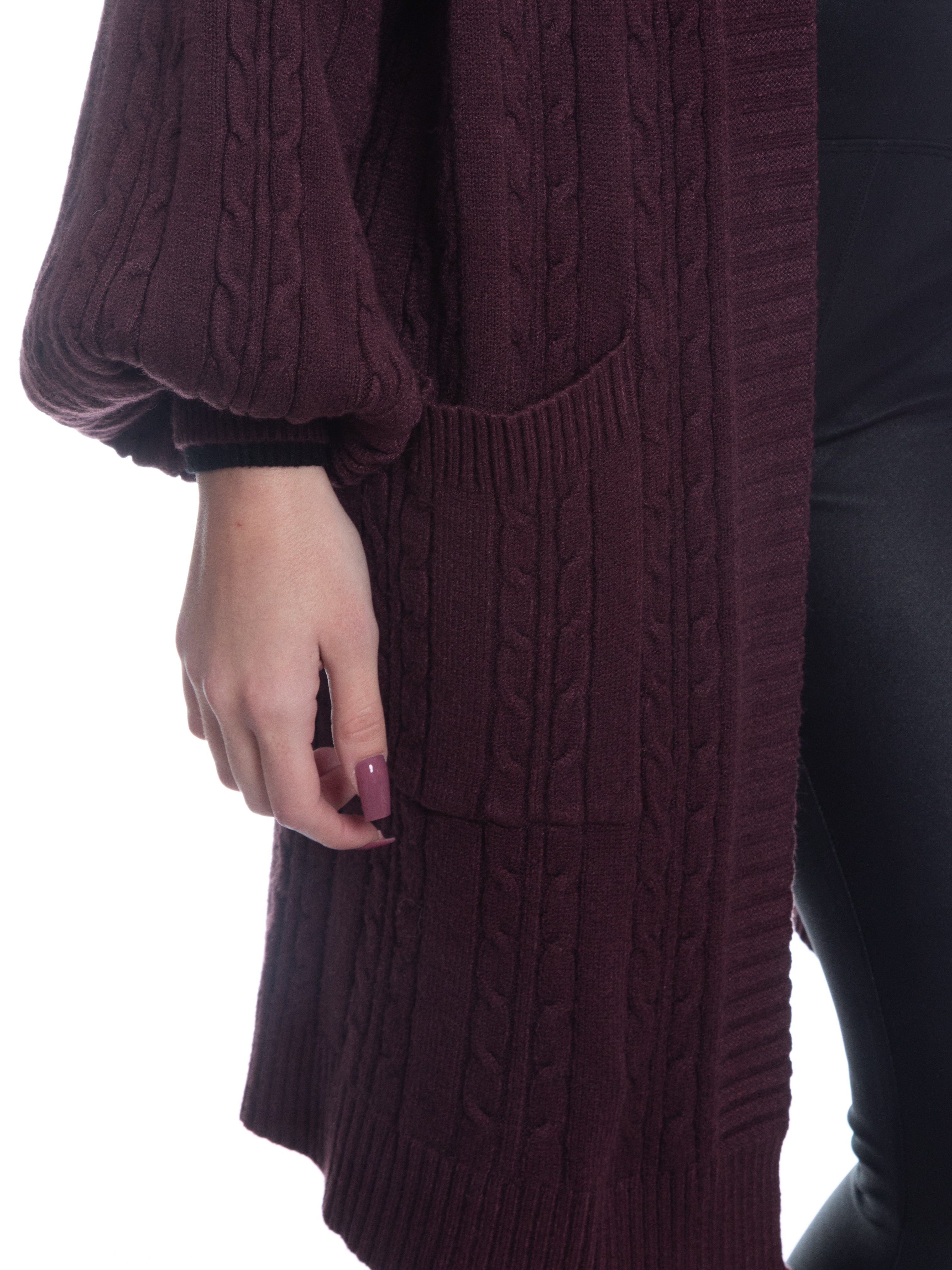 Cardigan trecce pesante con tasche maniche a palloncino-Pink Babol