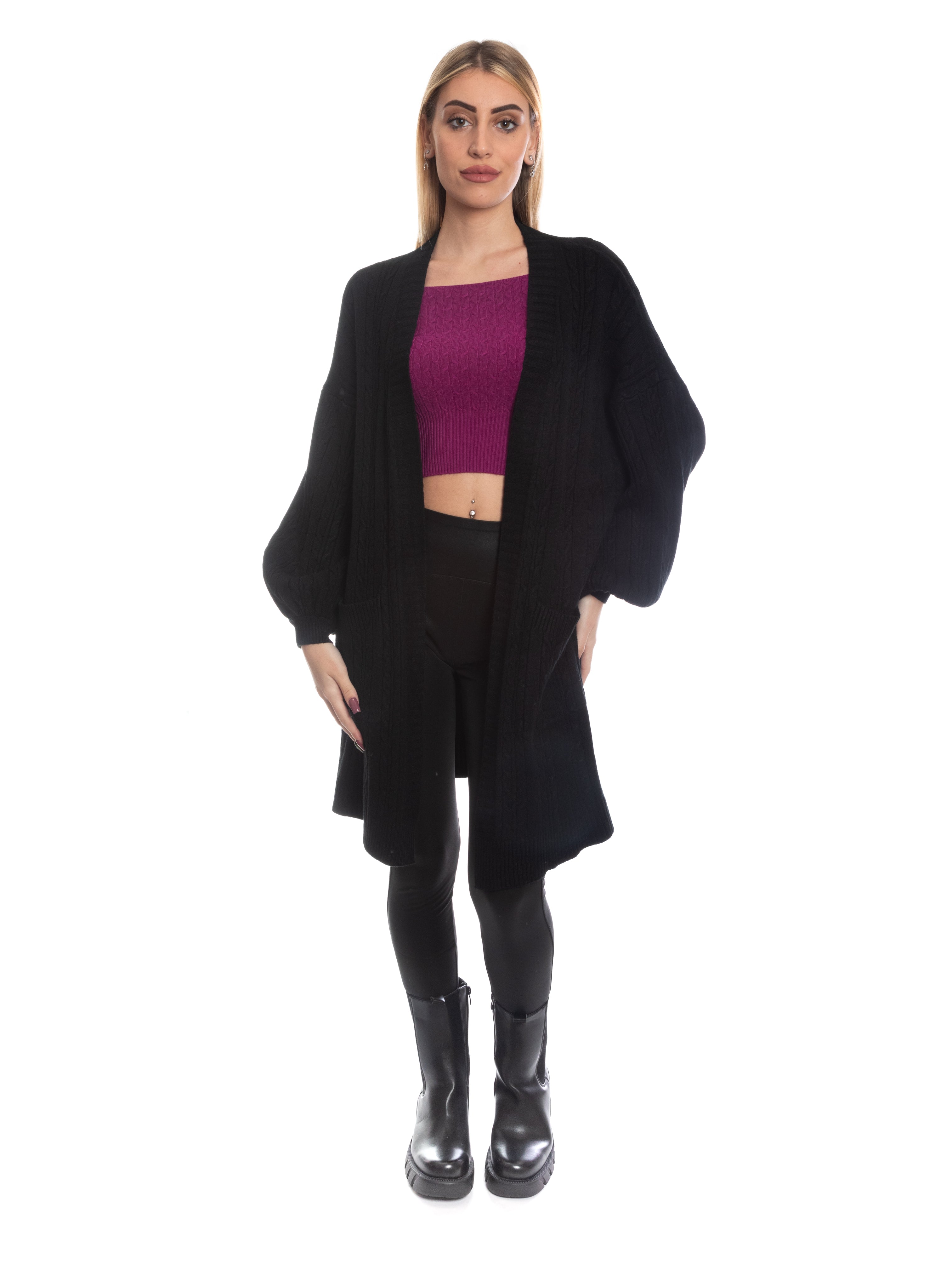 Cardigan trecce pesante con tasche maniche a palloncino-Pink Babol