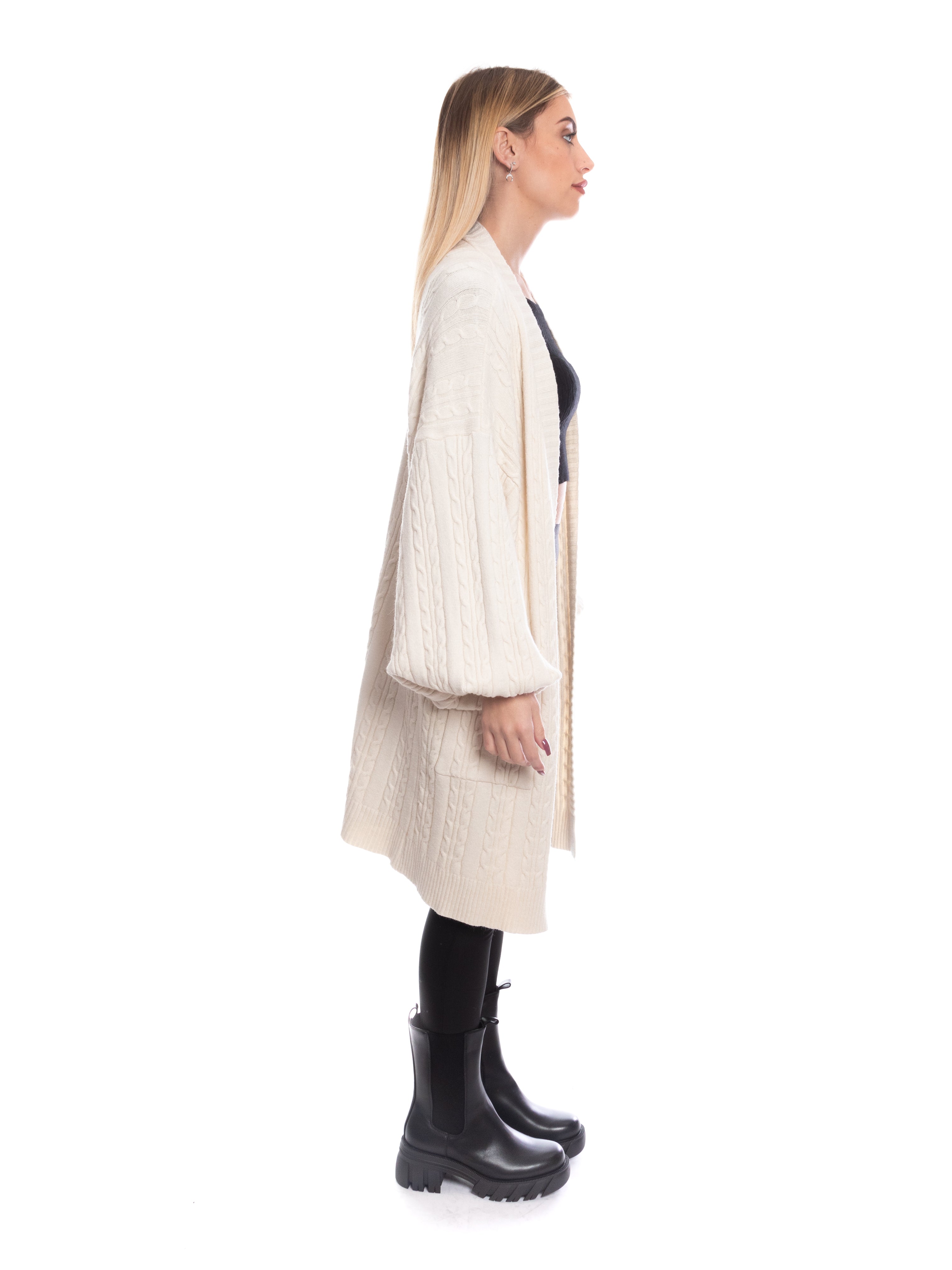 Cardigan trecce pesante con tasche maniche a palloncino-Pink Babol