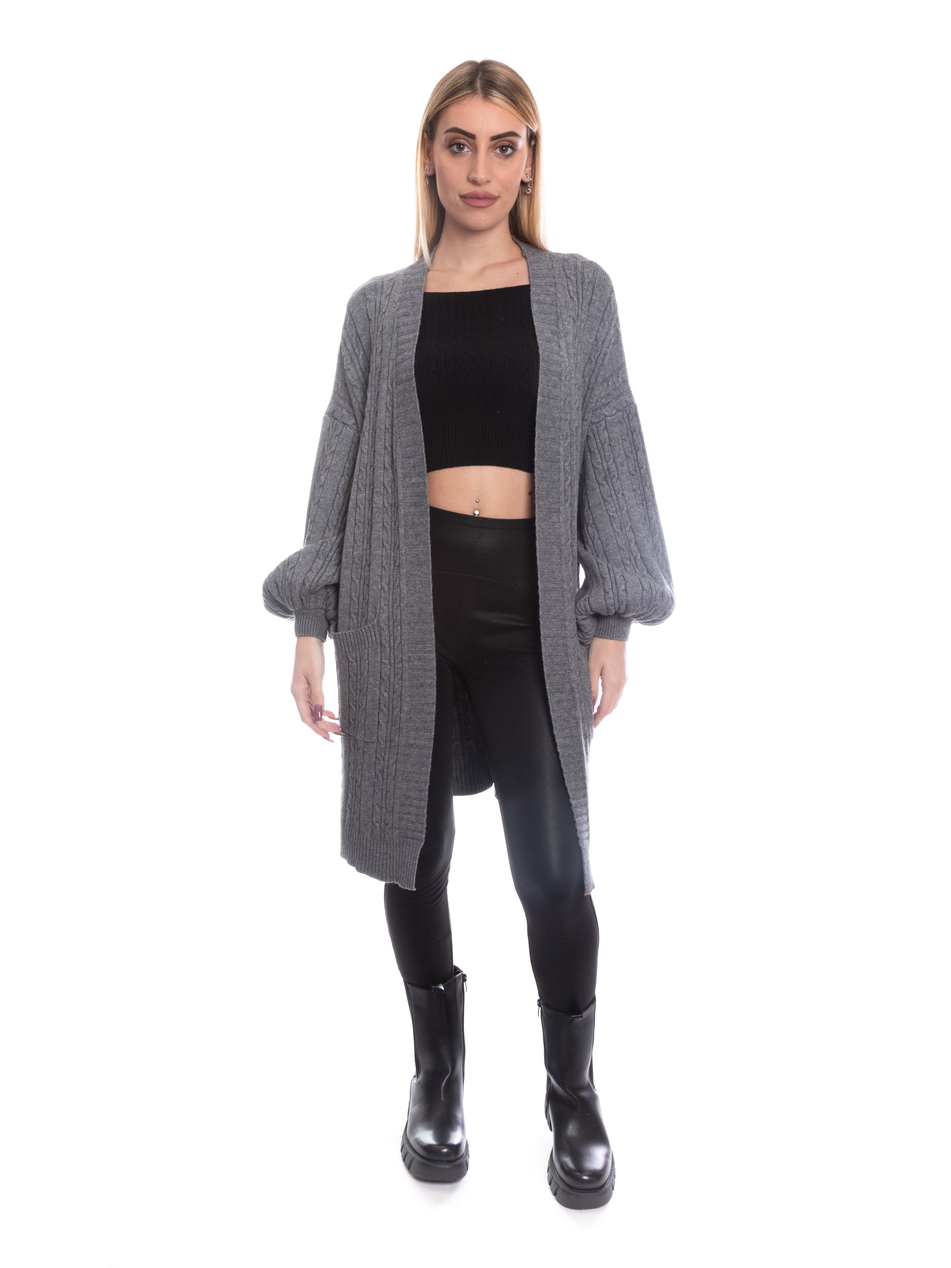 Cardigan trecce pesante con tasche maniche a palloncino-Pink Babol