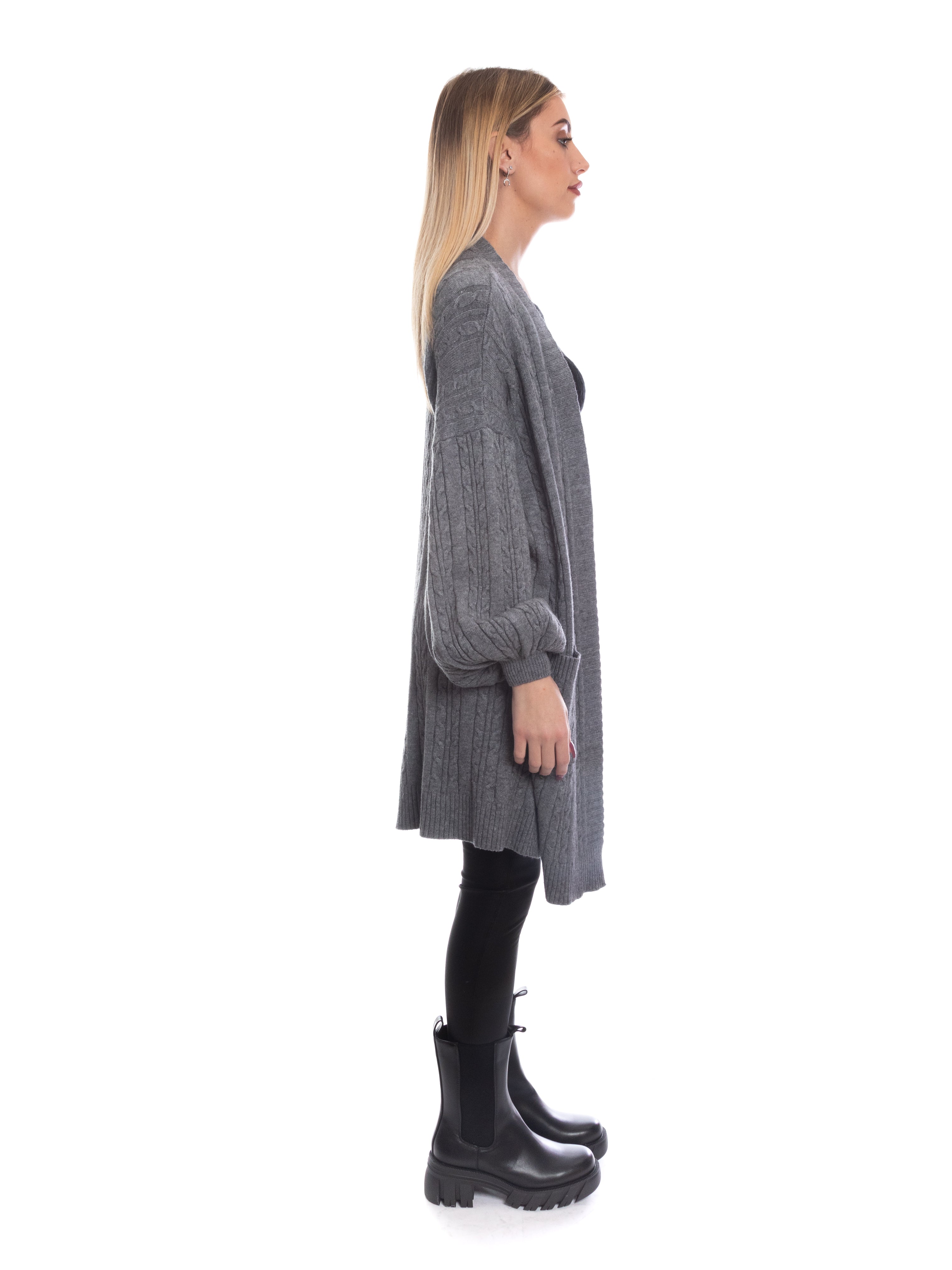 Cardigan trecce pesante con tasche maniche a palloncino-Pink Babol