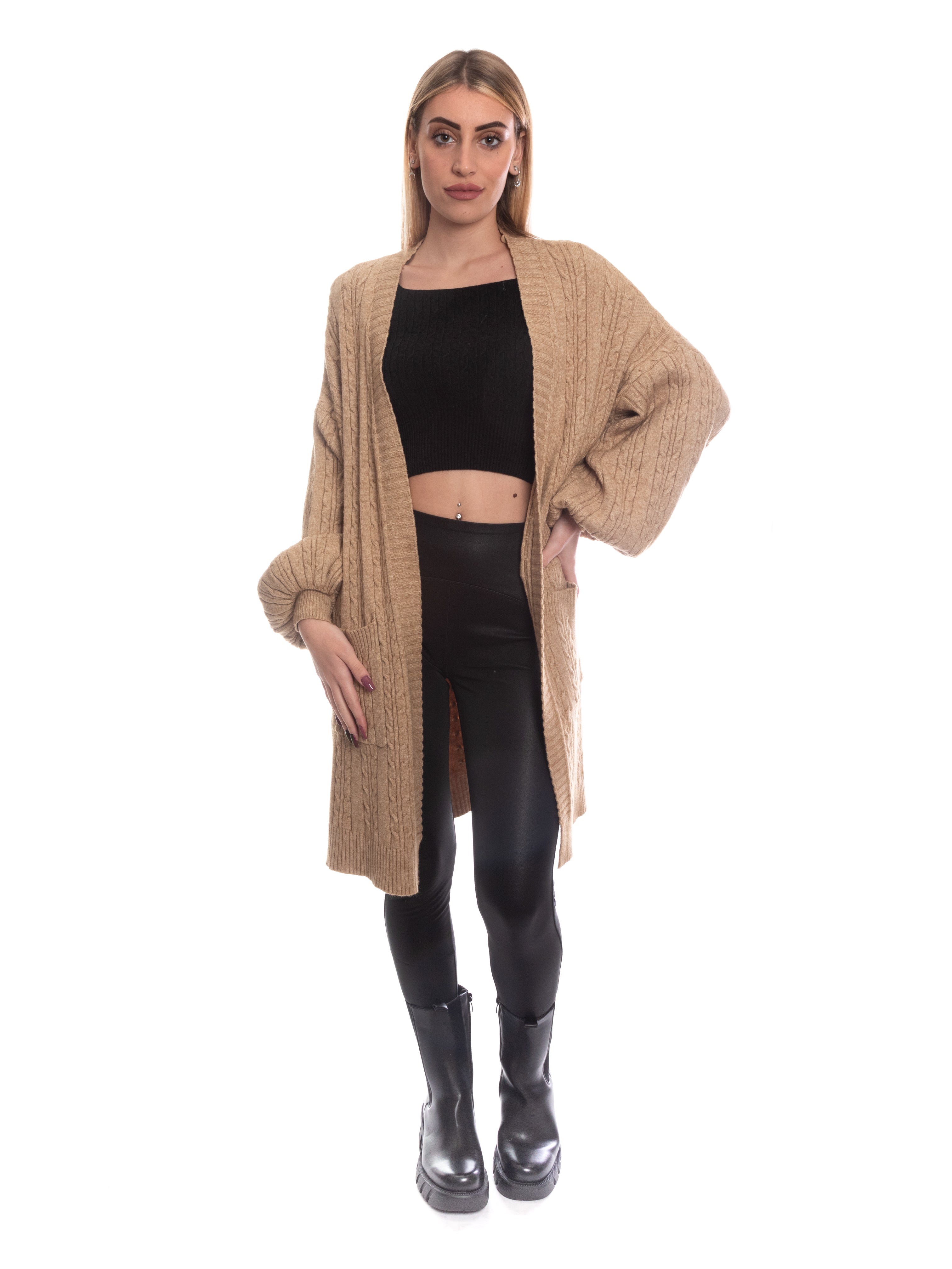 Cardigan trecce pesante con tasche maniche a palloncino-Pink Babol