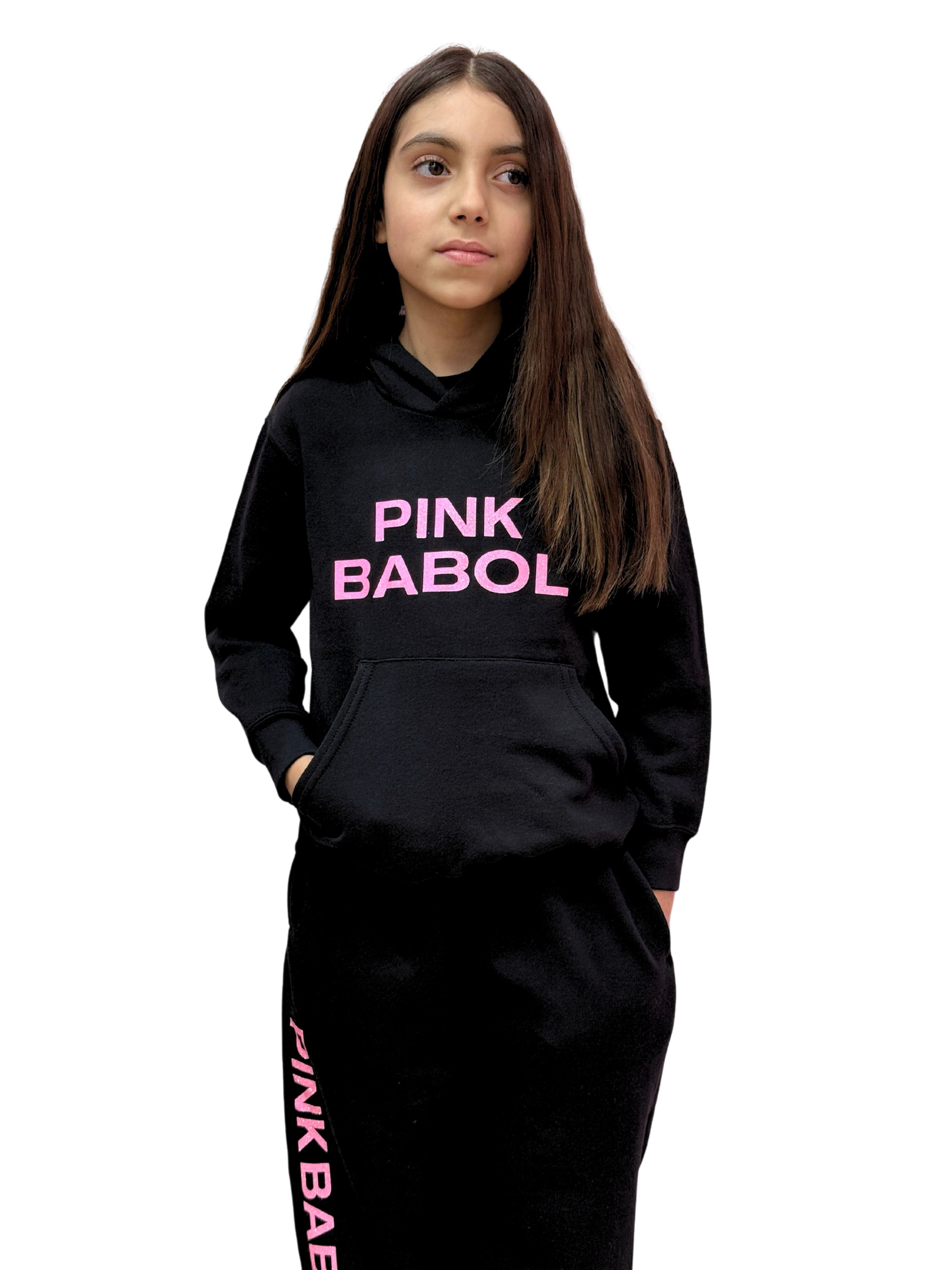 Completo tuta bambina in cotone felpa con cappuccio + pantalone Pink Babol Glitter Edition-Pink Babol
