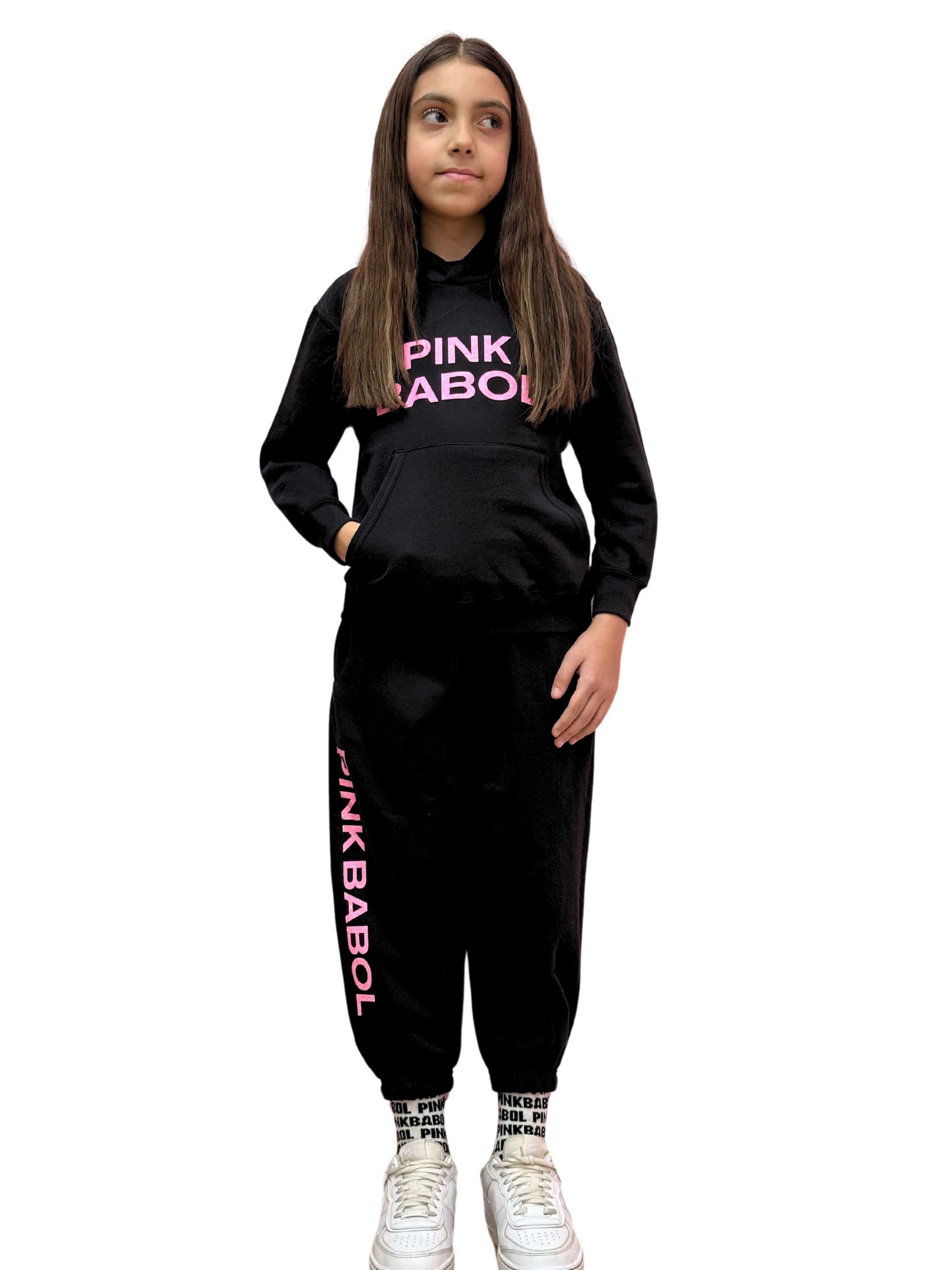 Completo tuta bambina in cotone felpa con cappuccio + pantalone Pink Babol Glitter Edition-Pink Babol