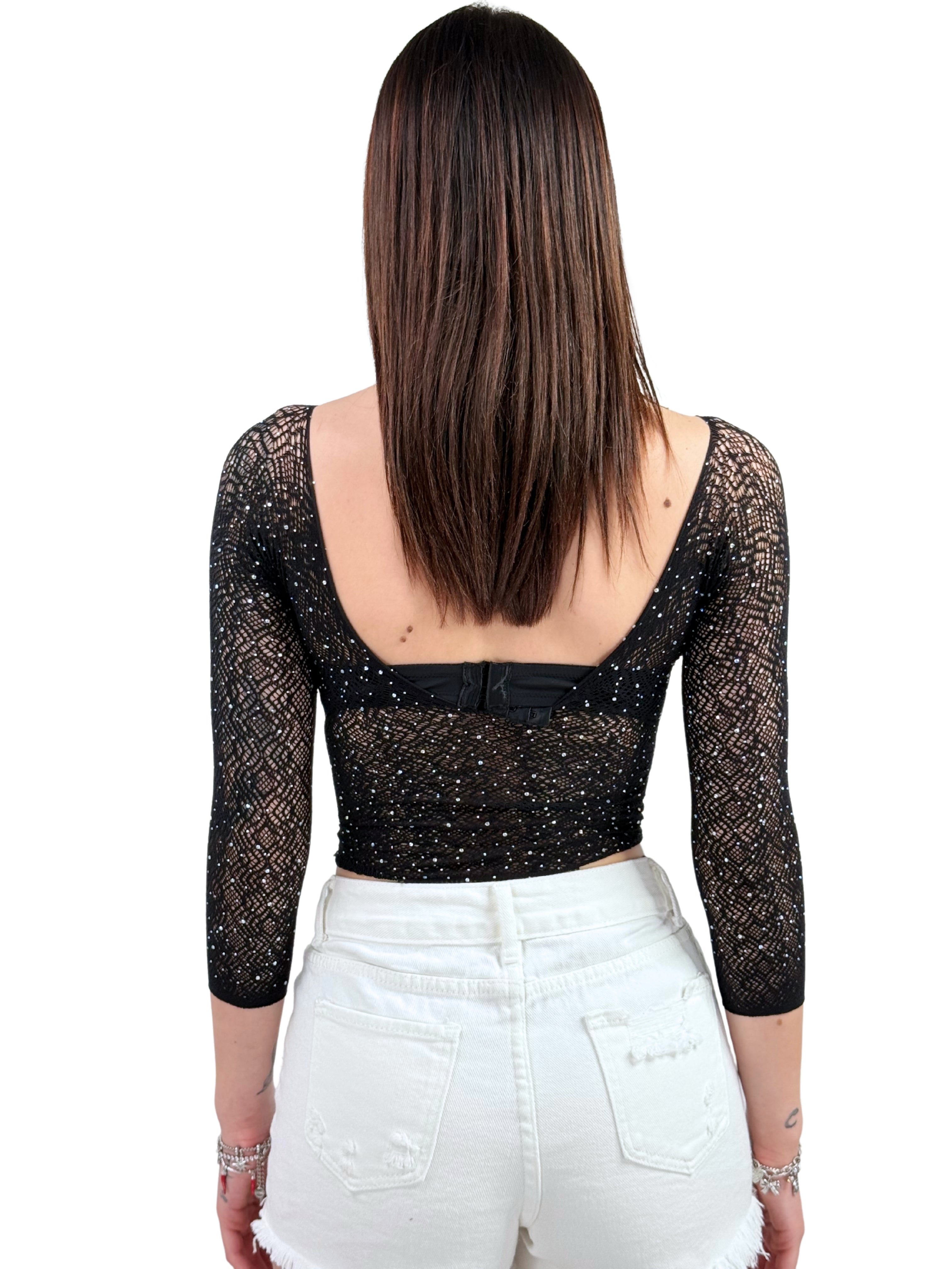 Coordinato in Rete con Strass – Maglia a Maniche tre quarti + Slip Abbinato-Pink Babol