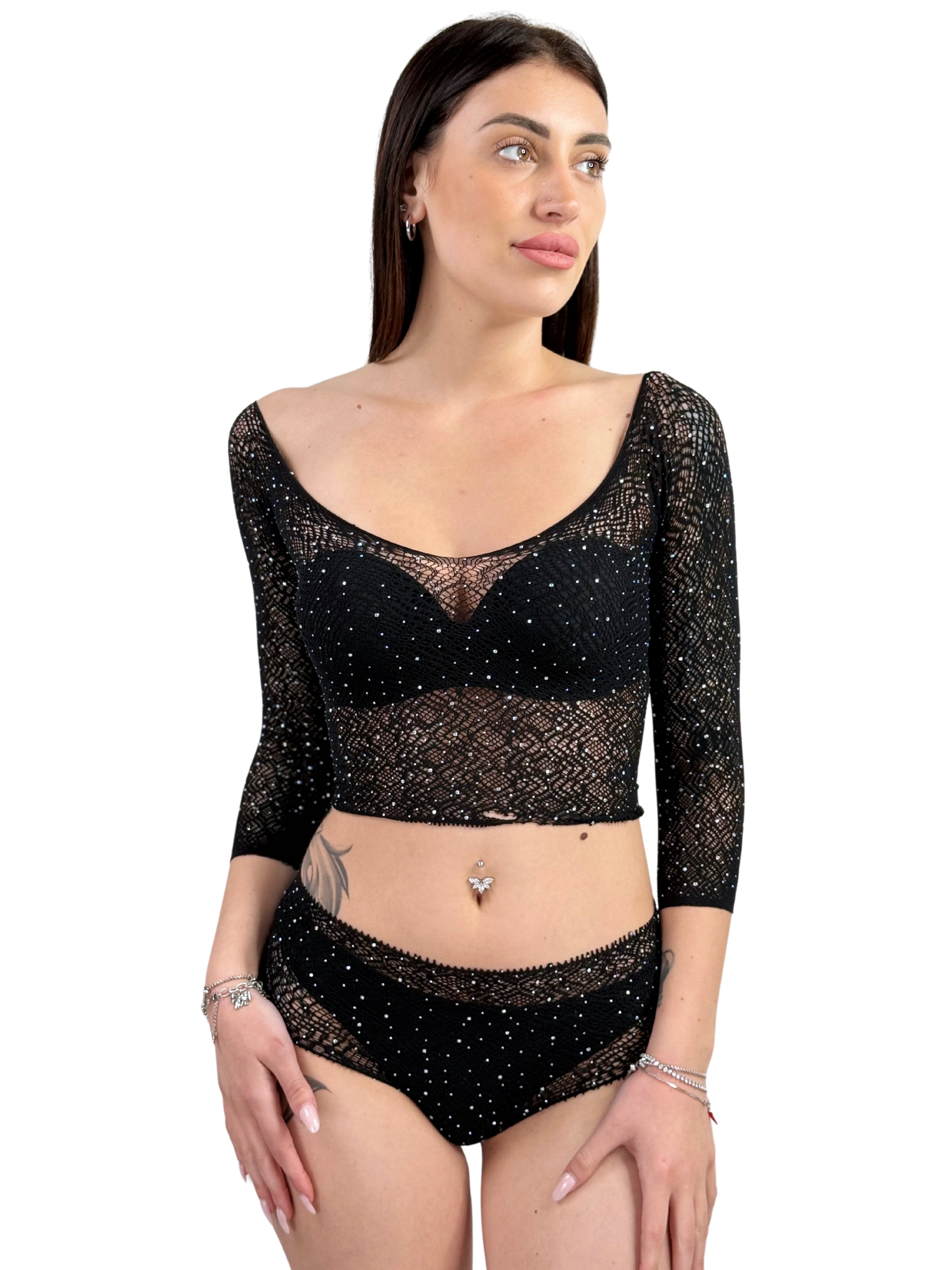 Coordinato in Rete con Strass – Maglia a Maniche tre quarti + Slip Abbinato-Pink Babol