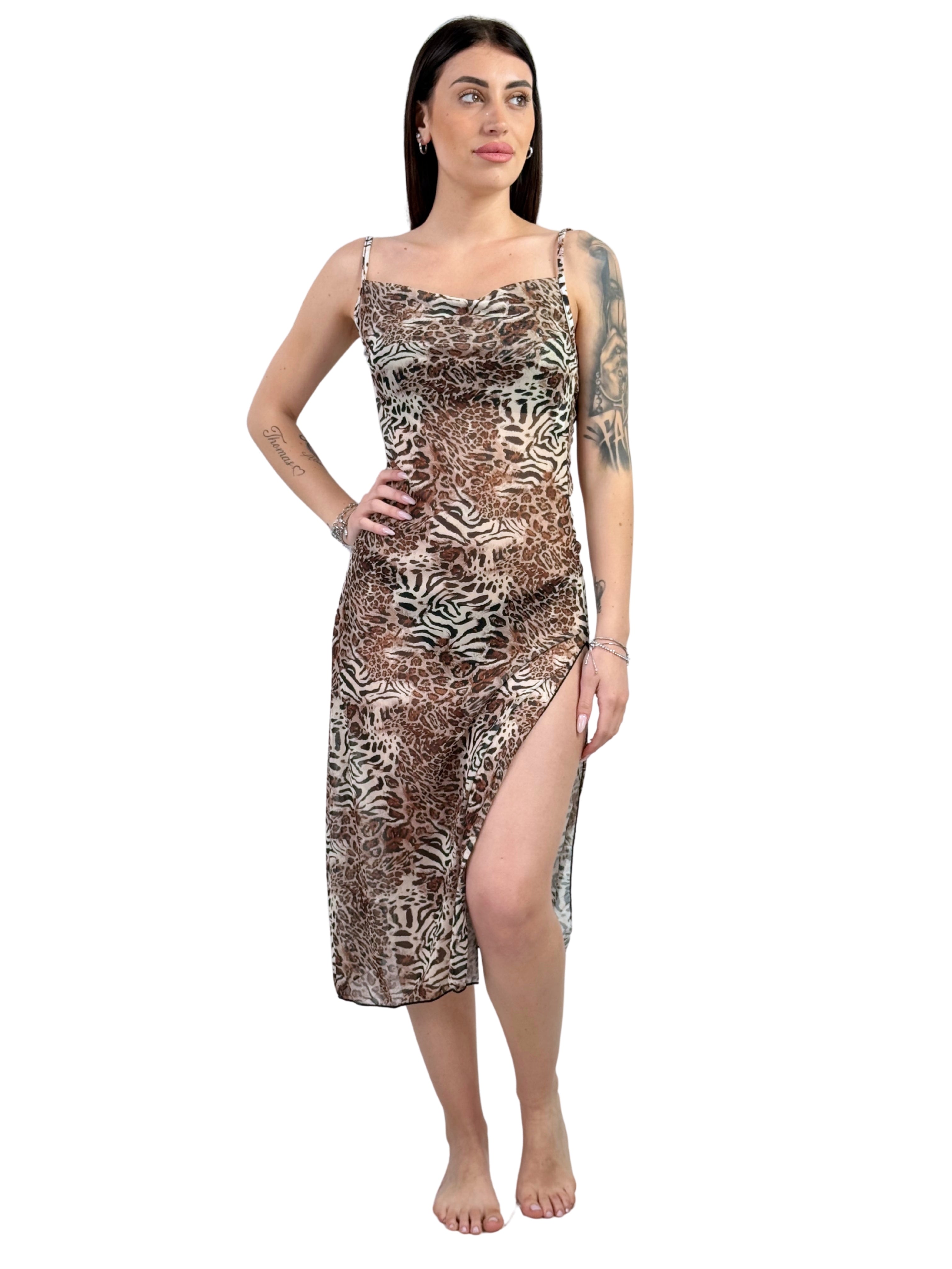 Copricostume bretellina in tulle animalier-Pink Babol