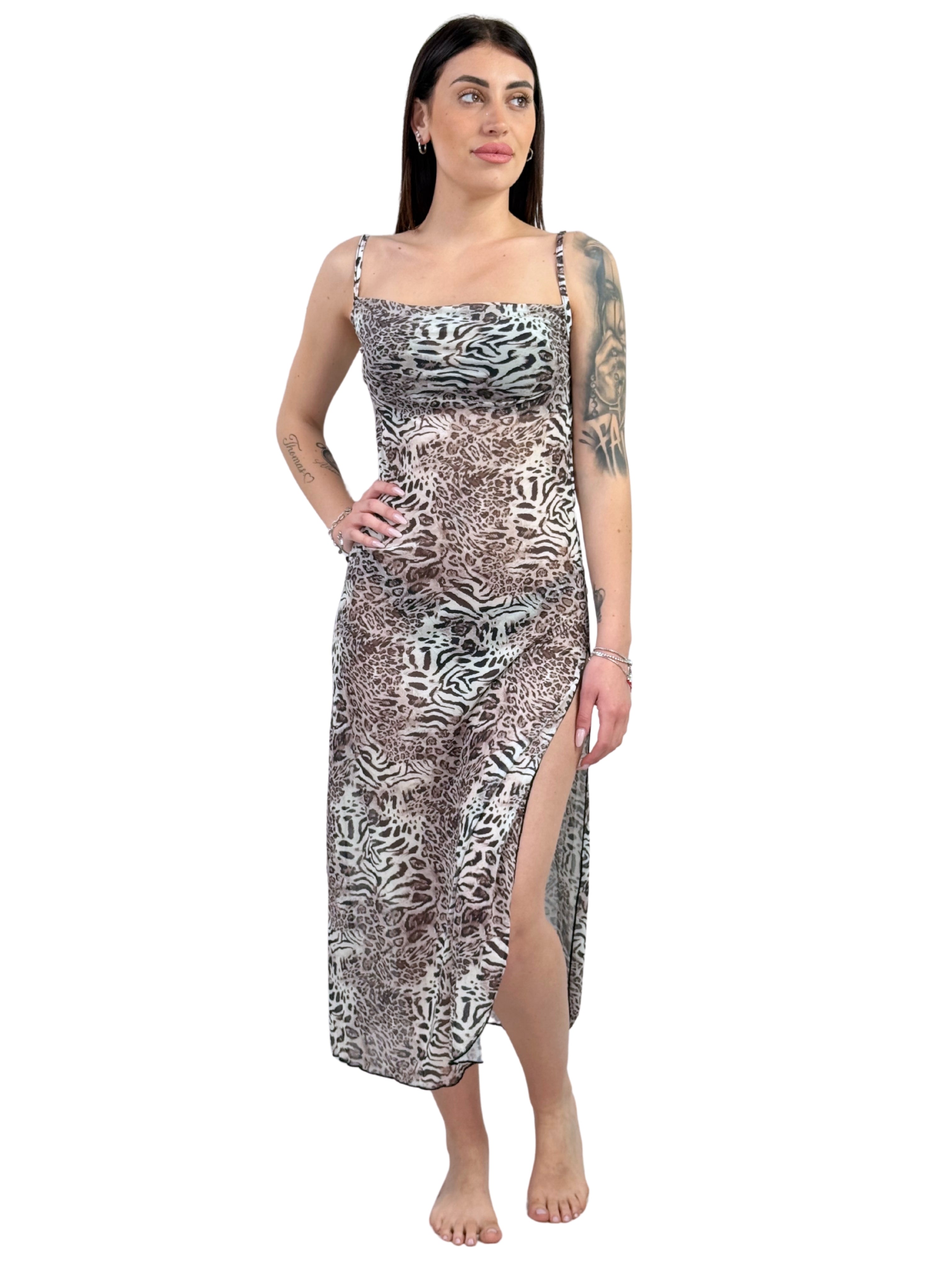 Copricostume bretellina in tulle animalier-Pink Babol