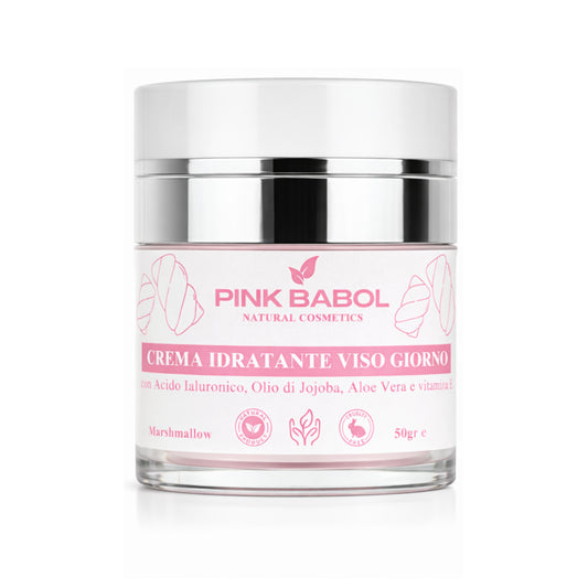 Crema Idratante Viso Giorno con Acido Ialuronico, Aloe Vera, Olio di Jojoba, Burro di Karité e Vitamina E – Rigenerante, Illuminante, Lenitiva, Nutriente e Antietà Naturale-Pink Babol