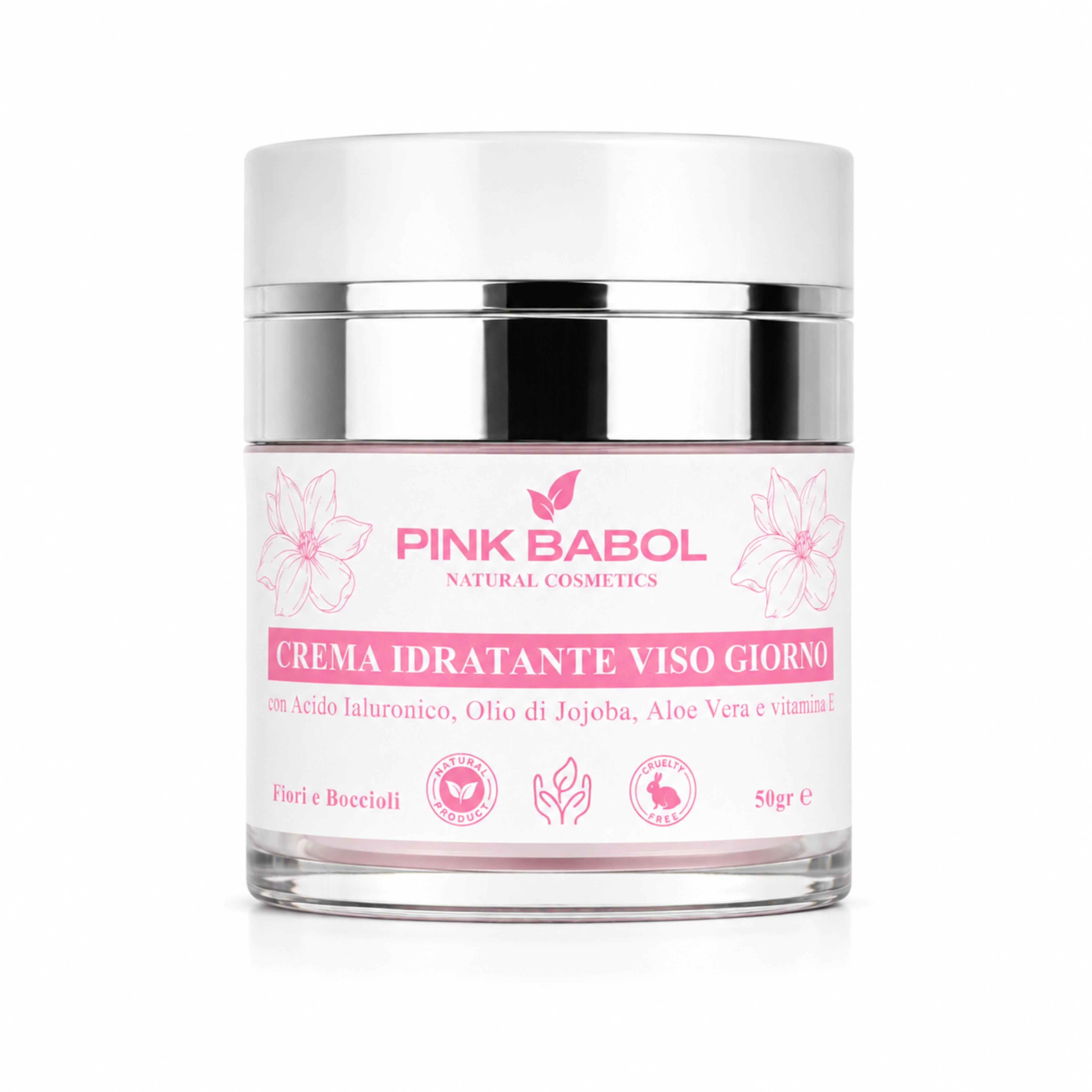 Crema Idratante Viso Giorno con Acido Ialuronico, Aloe Vera, Olio di Jojoba, Burro di Karité e Vitamina E – Rigenerante, Illuminante, Lenitiva, Nutriente e Antietà Naturale-Pink Babol