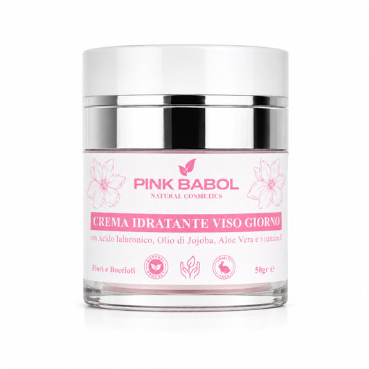 Crema Idratante Viso Giorno con Acido Ialuronico, Aloe Vera, Olio di Jojoba, Burro di Karité e Vitamina E – Rigenerante, Illuminante, Lenitiva, Nutriente e Antietà Naturale-Pink Babol