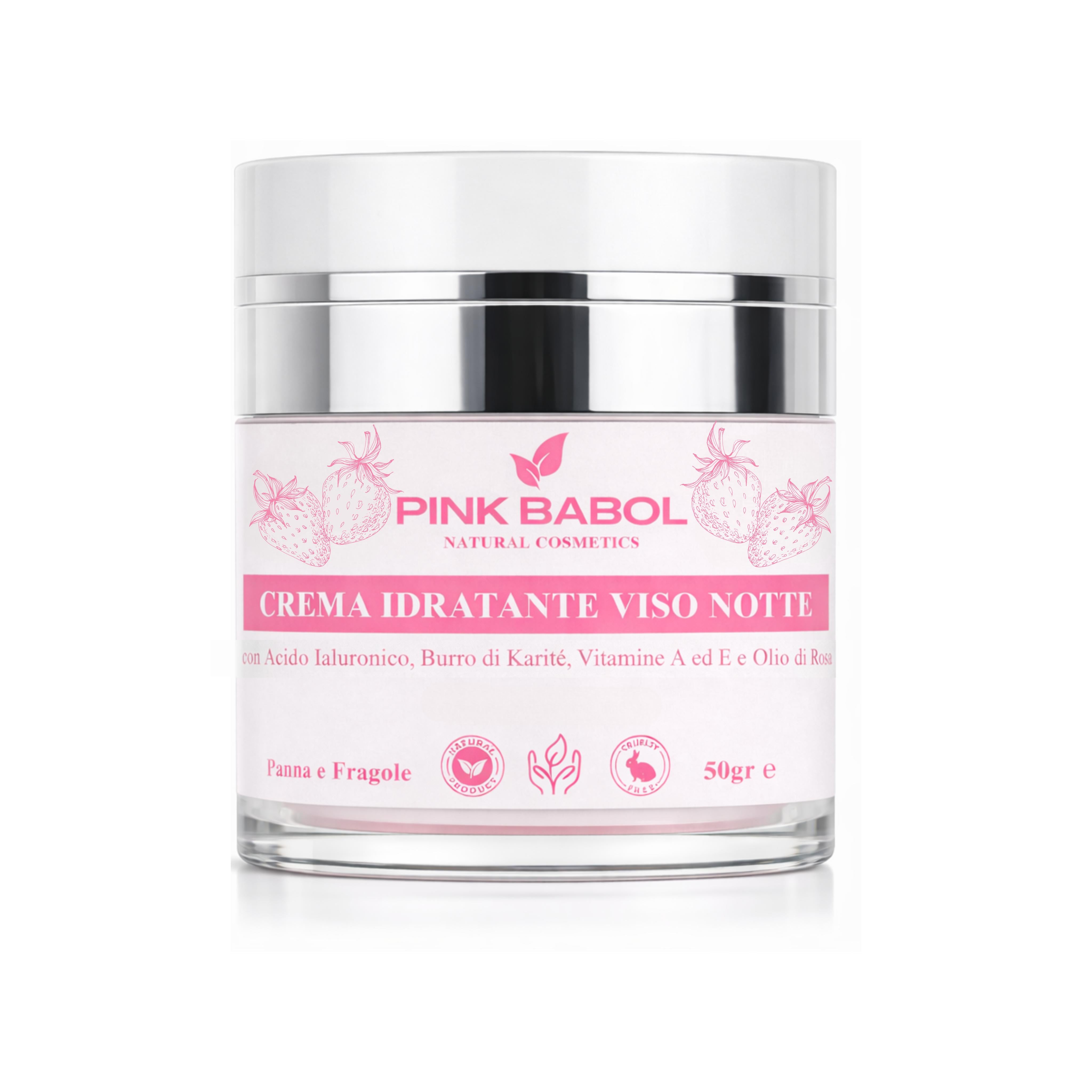 Crema Viso Notte con Acido Ialuronico, Burro di Karité, Vitamine A ed E e Olio di Rosa Selvatica – Rigenerante, Nutriente e Illuminante, Antiage Naturale-Pink Babol