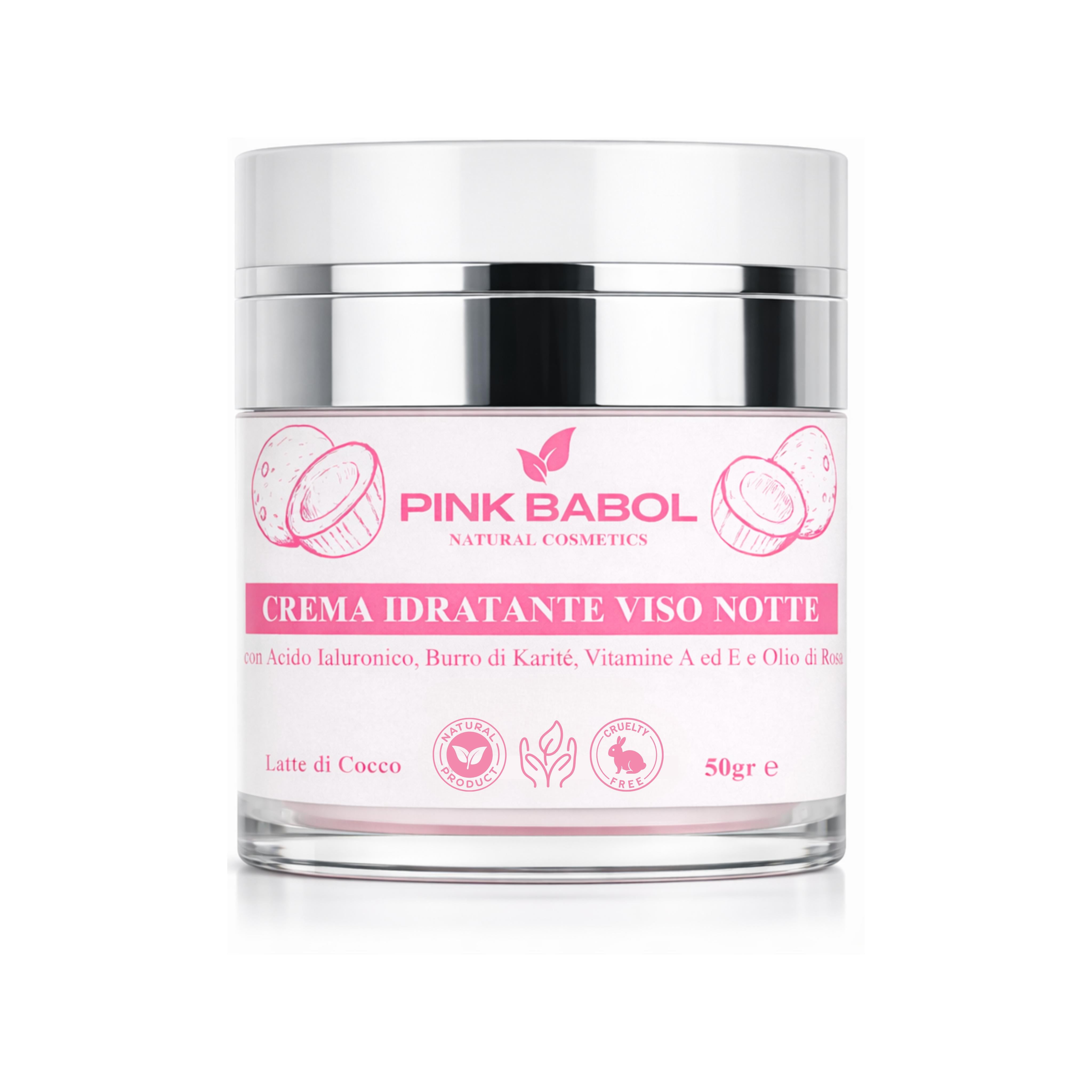 Crema Viso Notte con Acido Ialuronico, Burro di Karité, Vitamine A ed E e Olio di Rosa Selvatica – Rigenerante, Nutriente e Illuminante, Antiage Naturale-Pink Babol