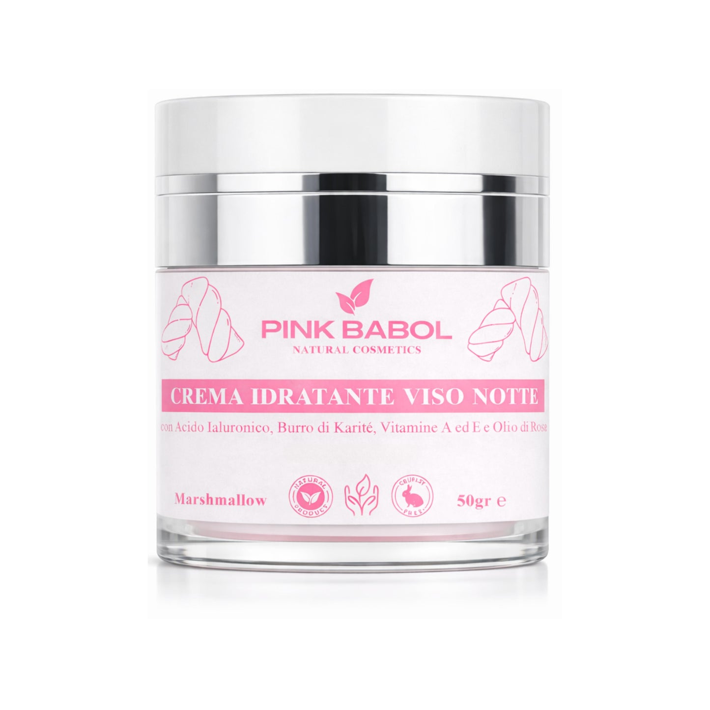 Crema Viso Notte con Acido Ialuronico, Burro di Karité, Vitamine A ed E e Olio di Rosa Selvatica – Rigenerante, Nutriente e Illuminante, Antiage Naturale-Pink Babol