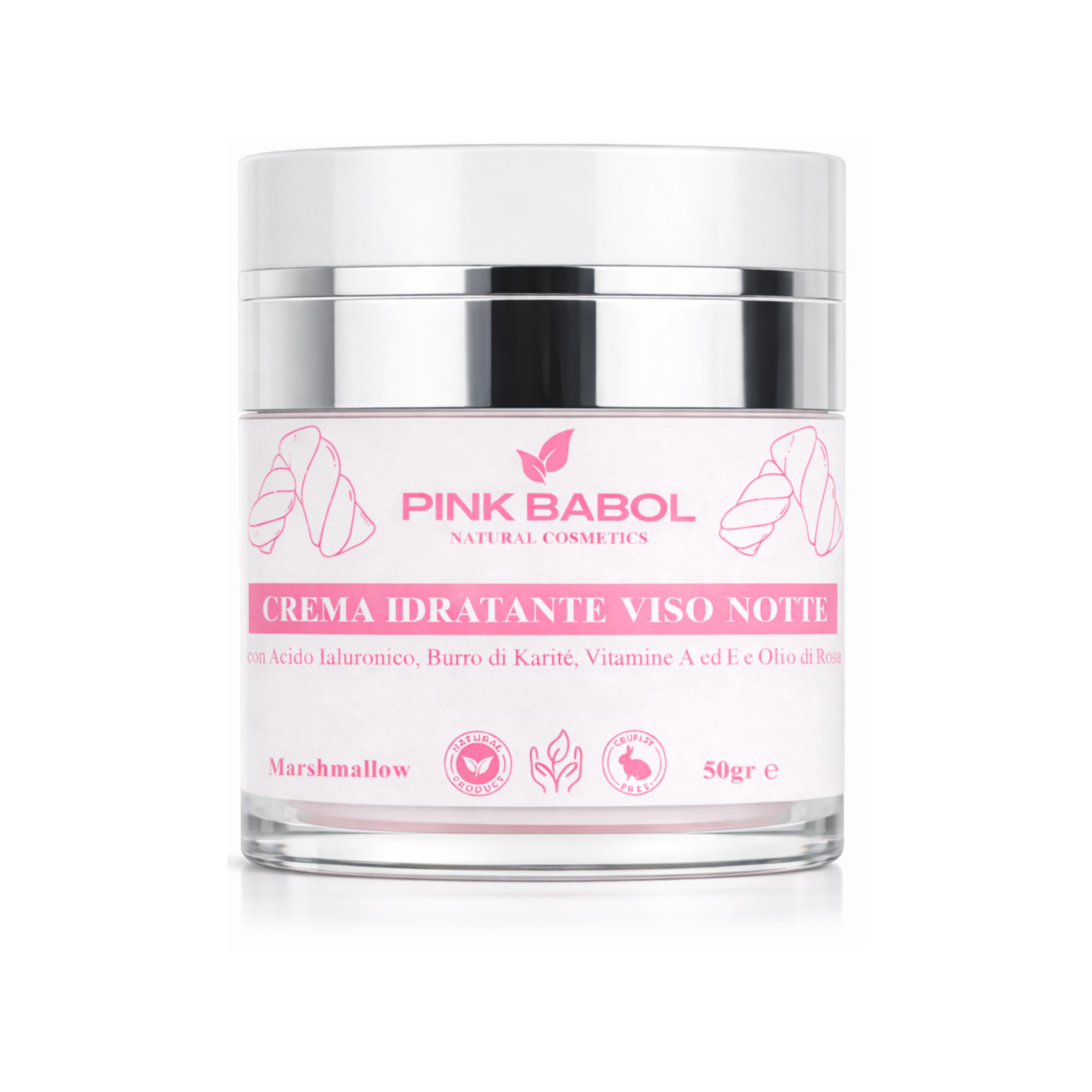 Crema Viso Notte con Acido Ialuronico, Burro di Karité, Vitamine A ed E e Olio di Rosa Selvatica – Rigenerante, Nutriente e Illuminante, Antiage Naturale-Pink Babol