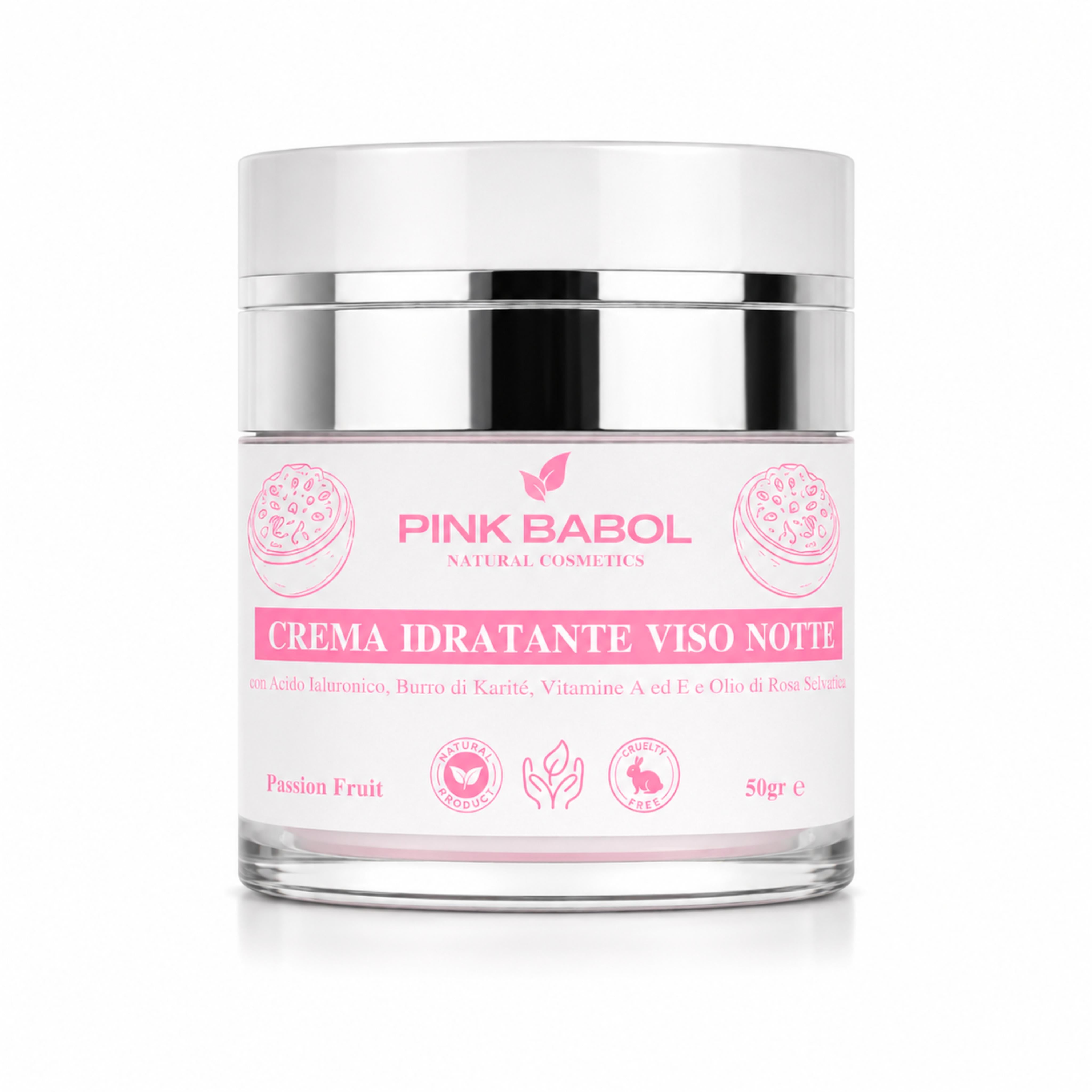 Crema Viso Notte con Acido Ialuronico, Burro di Karité, Vitamine A ed E e Olio di Rosa Selvatica – Rigenerante, Nutriente e Illuminante, Antiage Naturale-Pink Babol