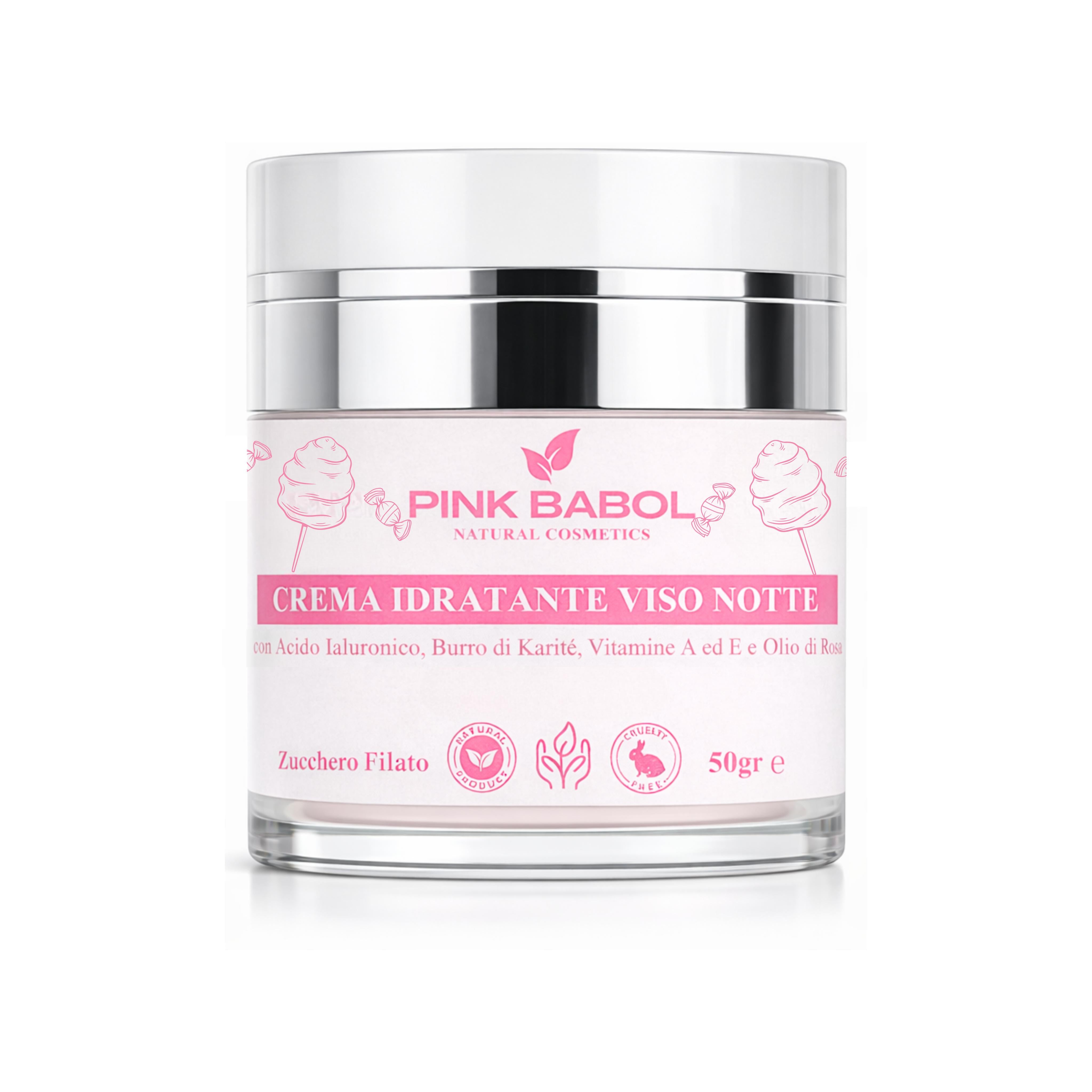 Crema Viso Notte con Acido Ialuronico, Burro di Karité, Vitamine A ed E e Olio di Rosa Selvatica – Rigenerante, Nutriente e Illuminante, Antiage Naturale-Pink Babol
