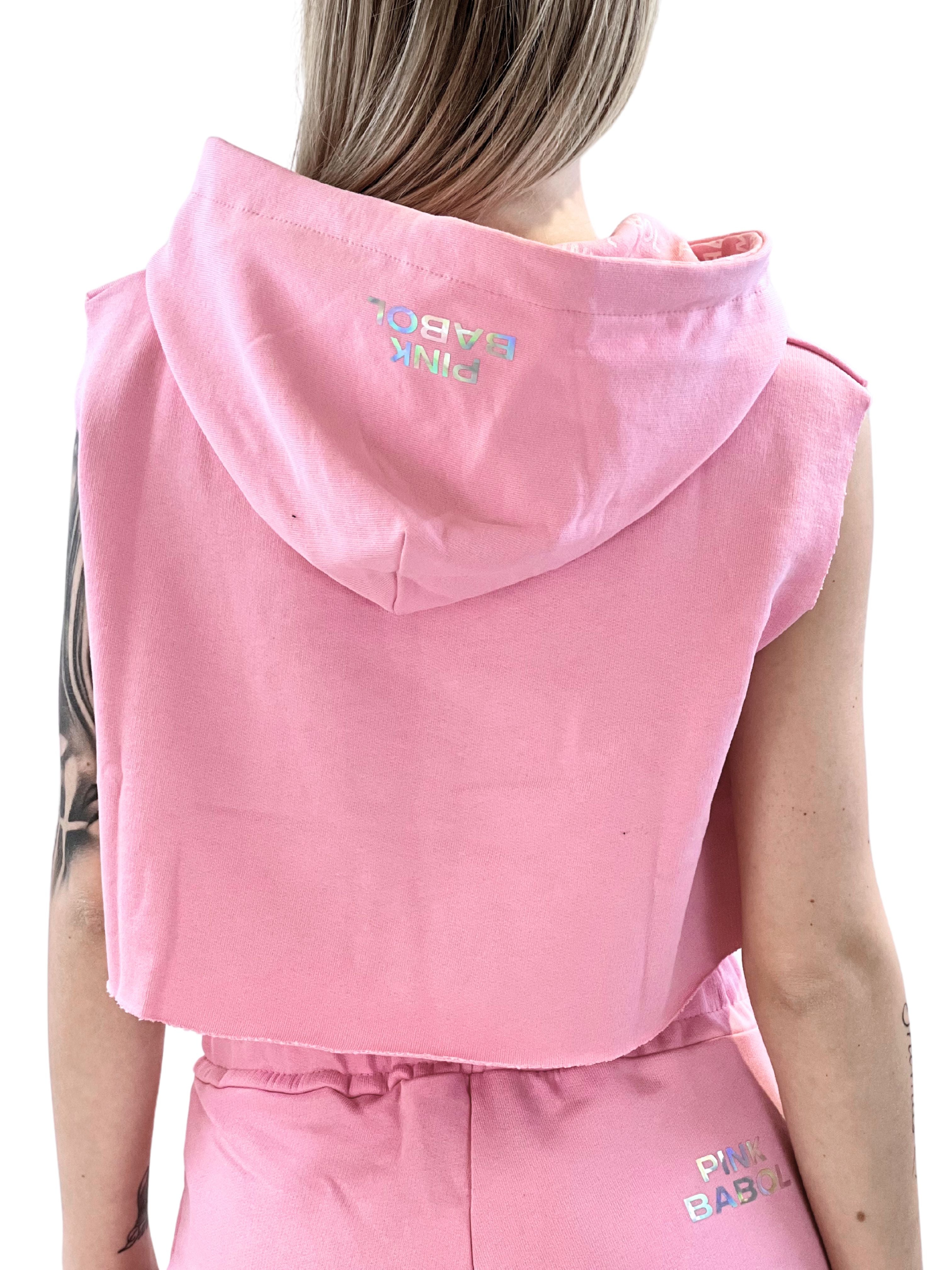 Felpa Crop Smanicata con Cappuccio Pink Babol Paint-Pink Babol