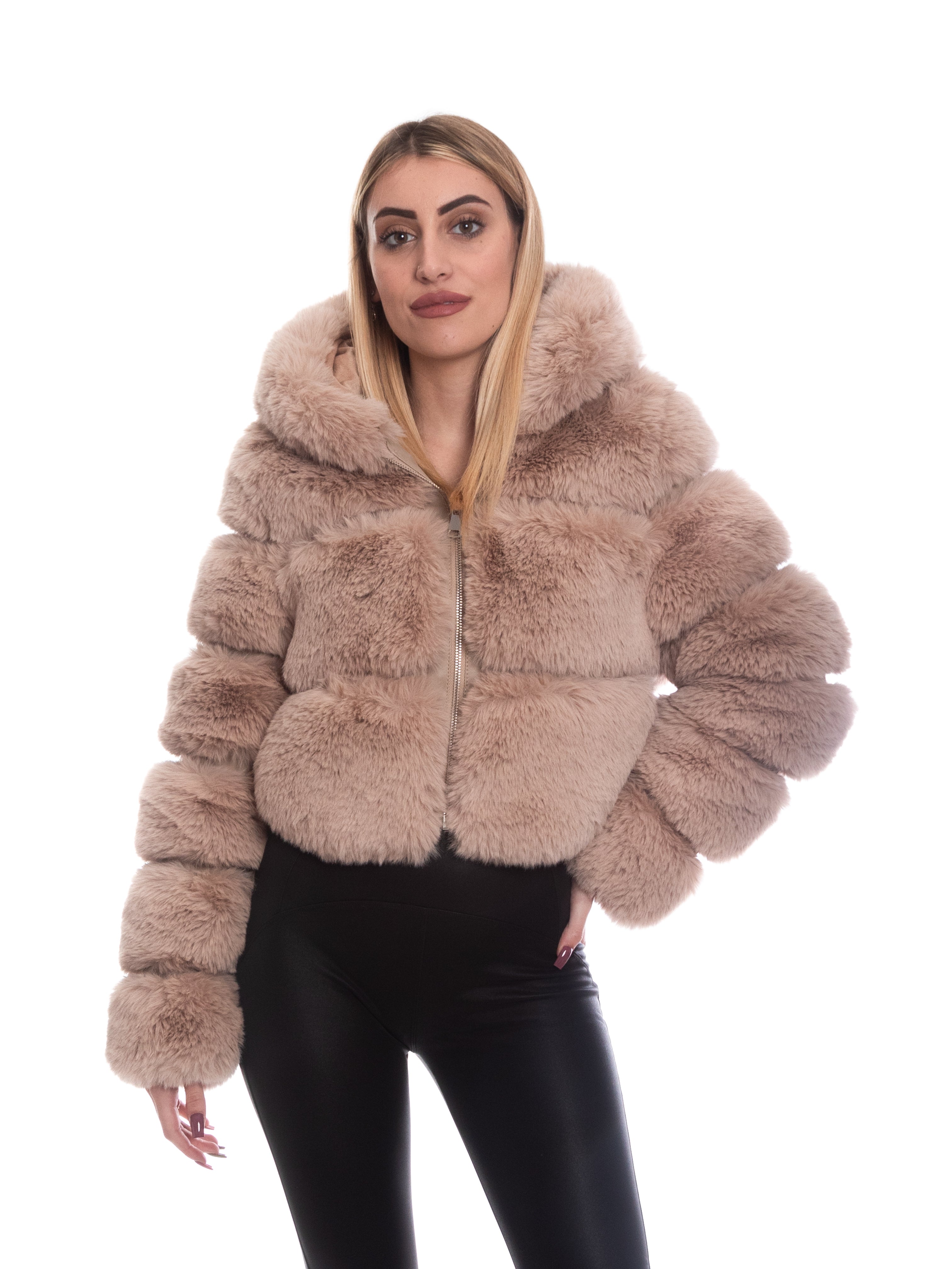 Giacca eco pelliccia con cappuccio-Pink Babol