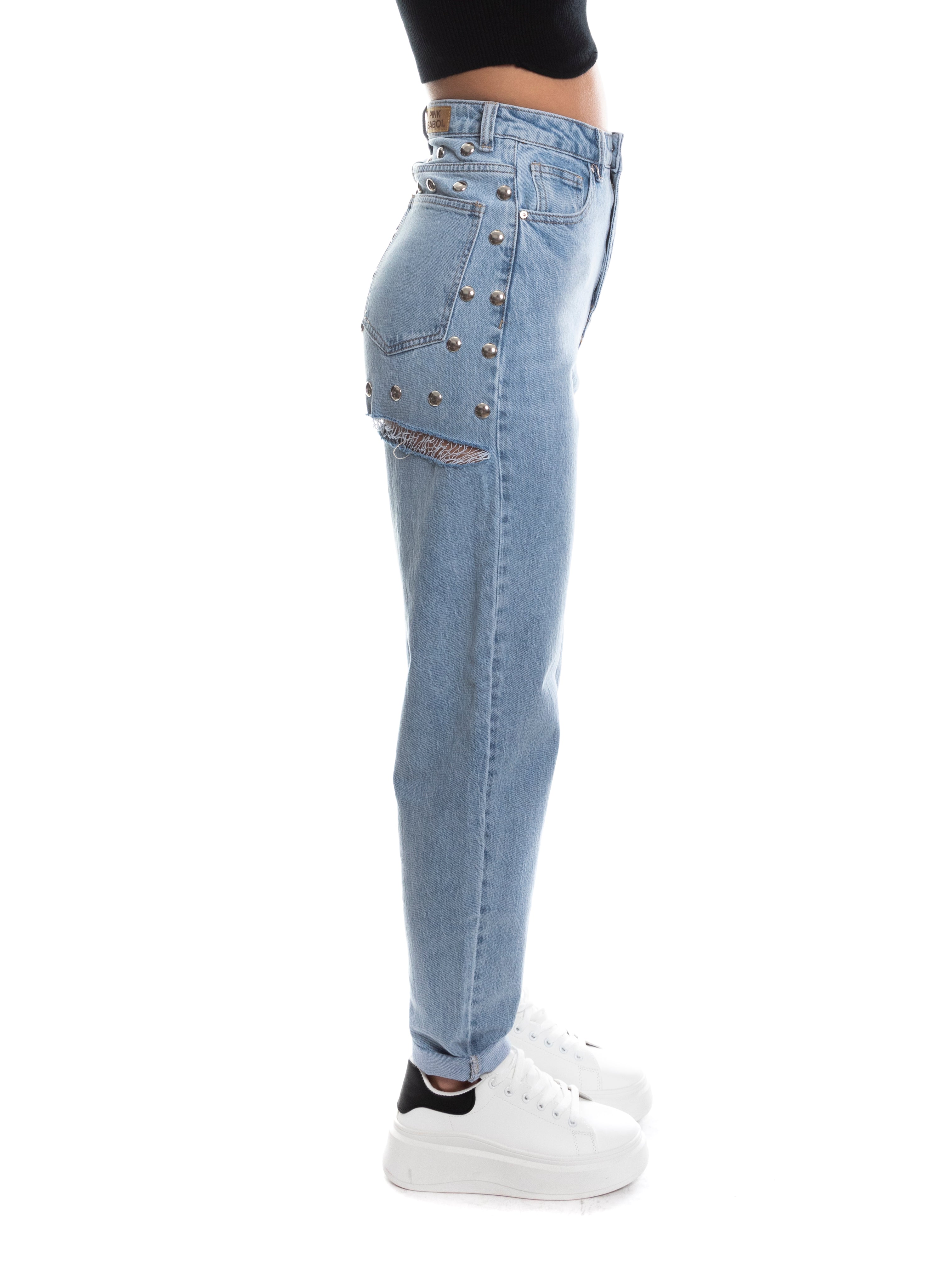 Jeans Regular a vita alta con borchie e strappo-Pink Babol